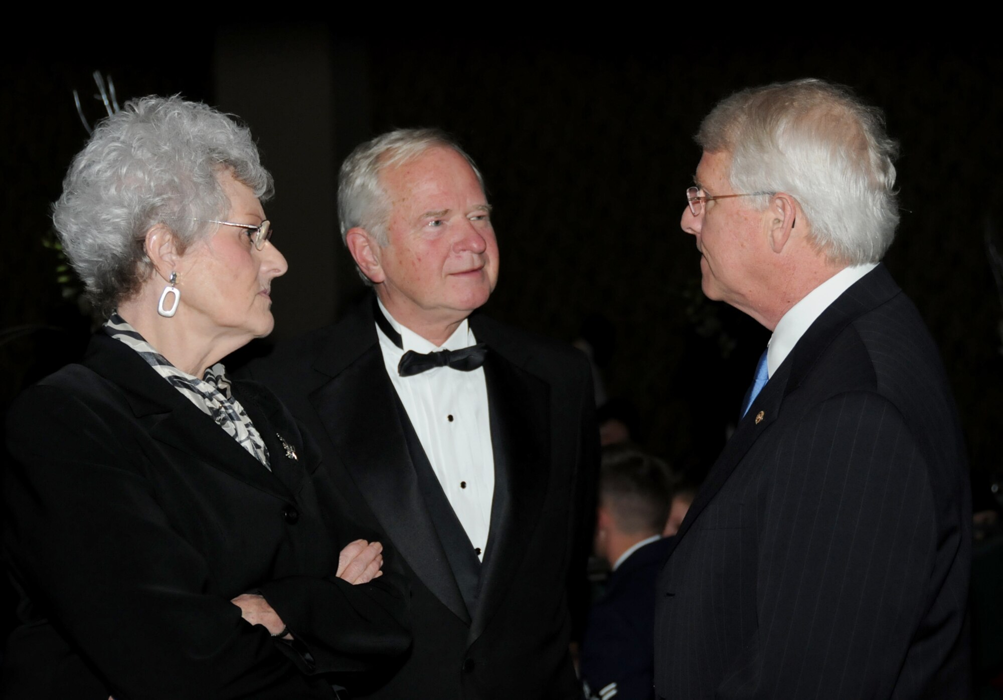 From left, honorary commanders Susan Hunt and Frank Genzer chat with Sen. Roger Wicker, guest speaker for the dining out.  Ms. Hunt is parent liaison for the Biloxi Public Schools and Mr. Genzer is a Biloxi architect and a commissioner for Gulfport-Biloxi International Airport.  (U.S. Air Force Photo by Kemberly Groue)