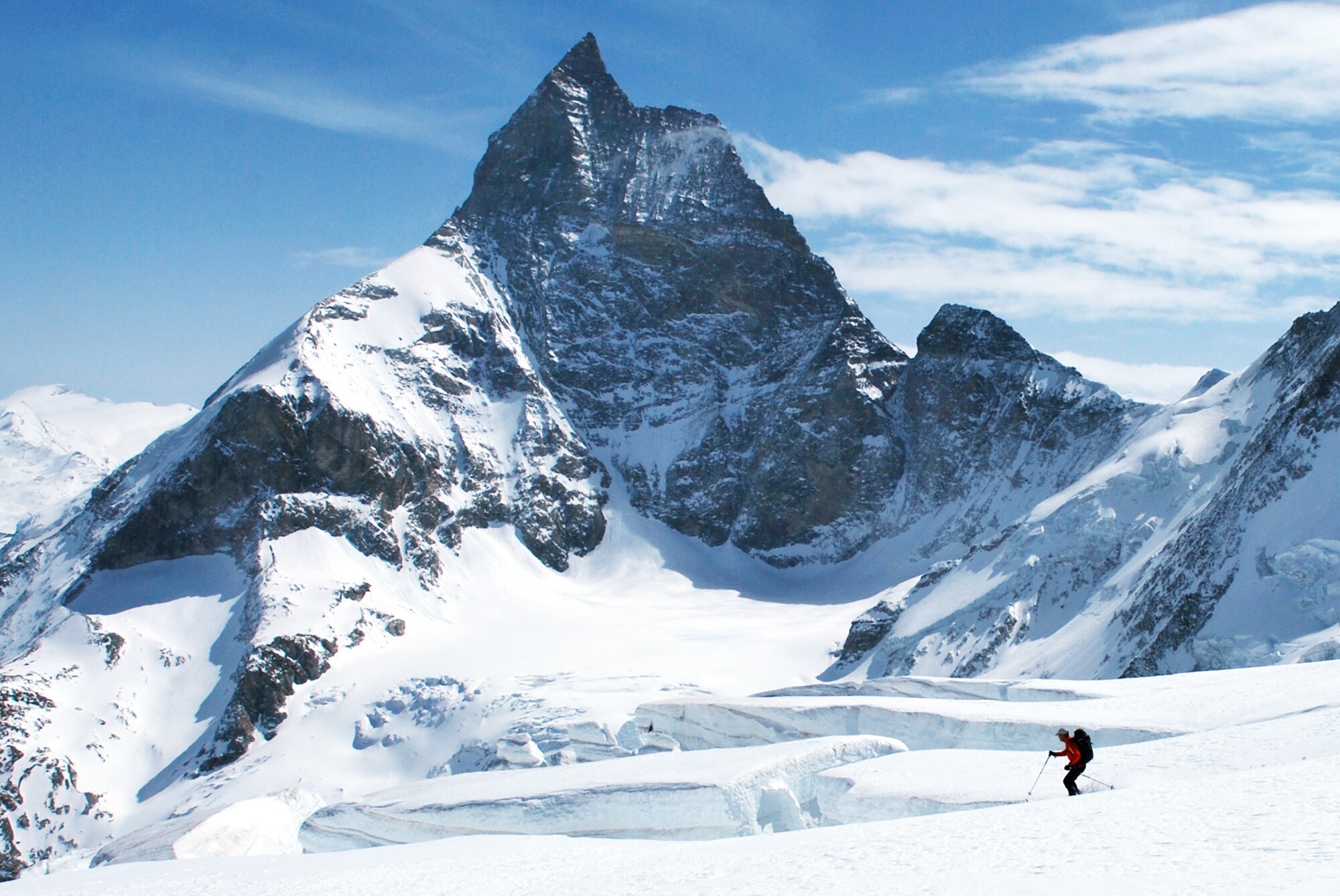 Senior Airman Nathan Simonson skis below the Matterhorn peak April 7, 2010. Matterhorn is a peak within the Alps reaching 14,689 feet. Airman Simonson, along with six of his fellow pararescuemen and a guide, were following the Haute Route from Chamonix, France to Zermatt, Switzerland, while practicing their mountain rescue techniques. Airman Simonson is a pararescueman with the 56th Rescue Squadron at RAF Lakenheath England. (Courtesy photo)