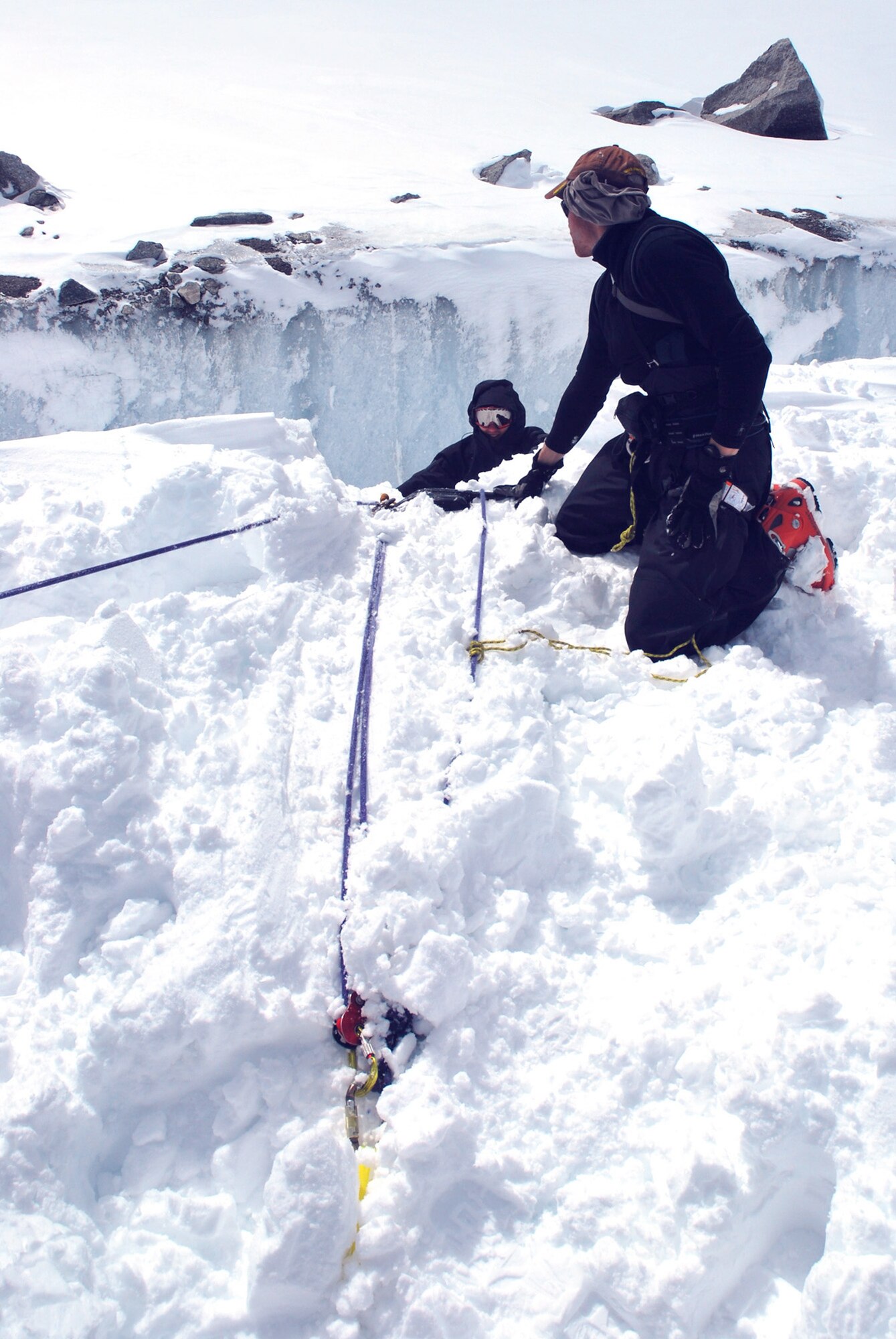 Pararescuemen practice crevasse rescue training April 2, 2010, in the mountains above Chamonix, France. The Airmen spent two weeks in the mountains refining their mountain rescue techniques so they can be better prepared for this hazardous type of rescue. The pararescuemen are assigned to the 56th Rescue Squadron at RAF Lakenheath, England. (Courtesy photo) 