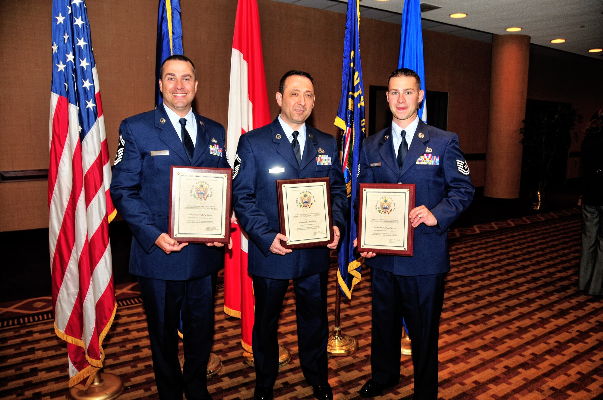 U.S. Air Force Senior Master Sergeants David Leone, Samuel C. Aquiliina and Technical Sgt. Nicholas A. Melchiorre, of the 914th Airlift Wing receive awards from the Buffalo Federal Executive Board, May 4, 2010, Buffalo NY. The Buffalo Federal Executive Board Excellence in Government luncheon celebrating excellence in public service was held in the Buffalo convention center. (U.S. Air Force photo by Staff Sgt. Joseph McKee)