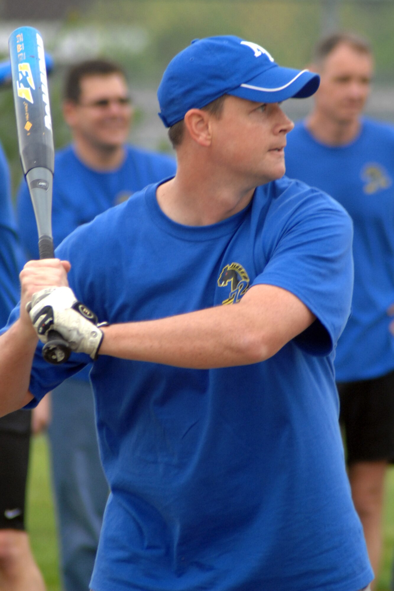 GRISSOM AIR RESERVE BASE, Ind., -- Chad Tice, a pilot with the 72nd Air Refueling Squadron, looks to advance runners during the Jovanovich Cup softball game against the 74th ARS. The 72nd rallied to beat the 74th ARS 10-8.  (U.S. Air Force photo/Tech. Sgt. Doug Hays)