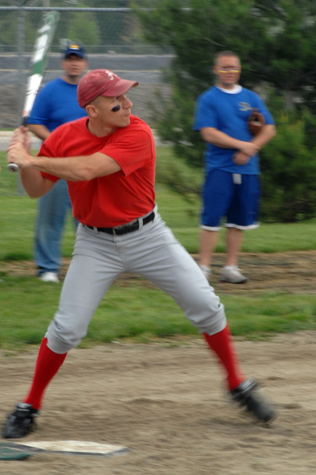 GRISSOM AIR RESERVE BASE, Ind., -- Dan Keeney, a pilot with the 74th Air Refueling Squadron, steps into a pitch during the Jovanovich Cup softball game against the 74th ARS. The 74th  fell to the 72nd ARS 10-8.  (U.S. Air Force photo/Tech. Sgt. Doug Hays)