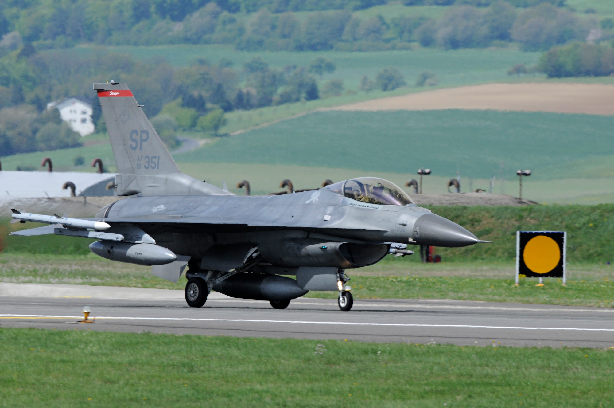 SPANGDAHLEM AIR BASE, Germany – An F-16 Fighting Falcon taxis on the runway prior to take-off here May 5. Three F-16s left to train with their sister squadron, the 32nd Tactical Air Base at Lask, Poland, of the Polish air force. (U.S. Air Force photo/Senior Airman Benjamin Wilson)