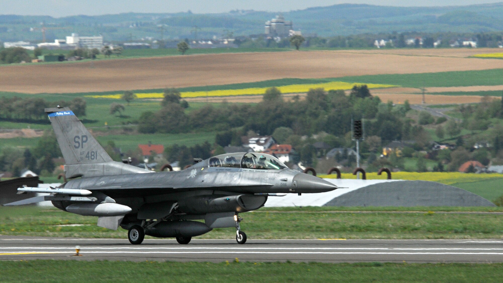 SPANGDAHLEM AIR BASE, Germany – An F-16 Fighting Falcon taxis on the runway prior to take-off here May 5. Three F-16s left to train with their sister squadron, the 32nd Tactical Air Base at Lask, Poland, of the Polish air force. (U.S. Air Force photo/Senior Airman Benjamin Wilson)