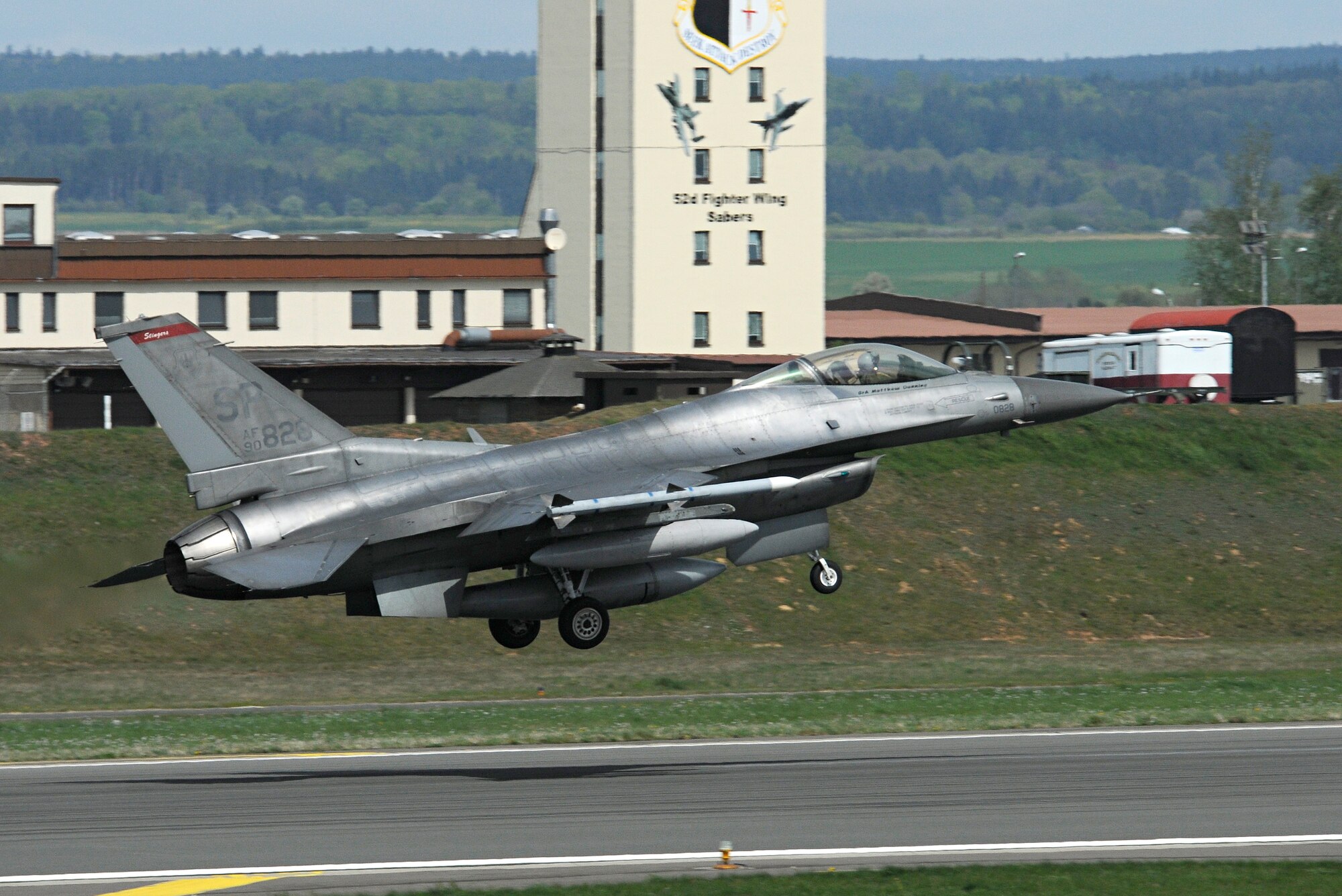 SPANGDAHLEM AIR BASE, Germany – An F-16 Fighting Falcon takes off from the flightline here May 5. Three F-16s left to train with their sister squadron, the 32nd Tactical Air Base at Lask, Poland, of the Polish air force.  (U.S. Air Force photo/Senior Airman Benjamin Wilson)