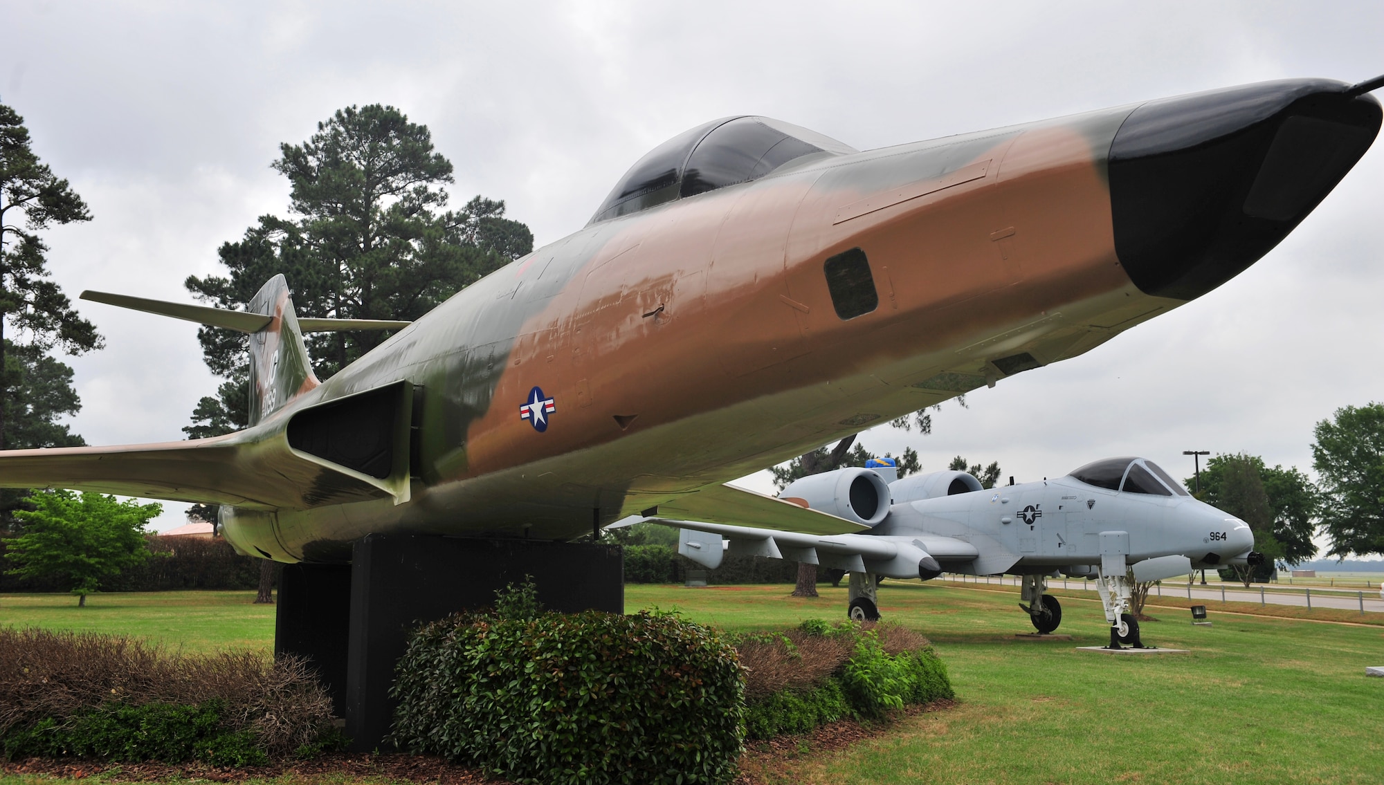 100504-F-8430J-057
SHAW AIR FORCE BASE, S.C. -The aircraft on display is an RF-101C, serial number 56-099, near the main gate May 4, 2010. The markings are from the 363rd Tactical Reconnaissance Wing which flew the RF-101 at Shaw Air Force Base during 1957-1971. It is dedicated to those who flew and maintained the RF-101 October 30, 1976. This aircraft is on loan from the National Museum of the United States Air Force. (U.S. Air Force photo/Airman 1st Class Amber E. N. Jacobs)