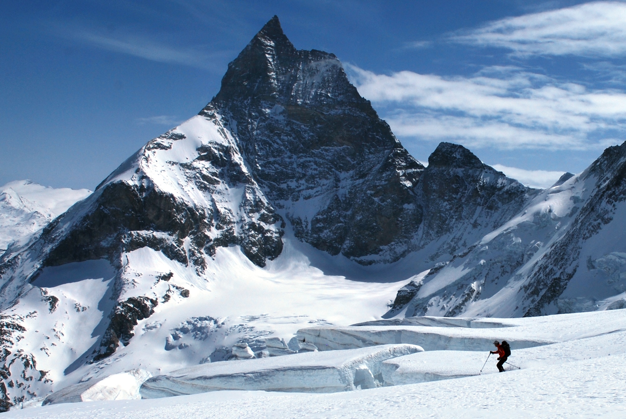 Senior Airman Nathan Simonson, a pararescueman with the 56th Rescue Squadron, RAF Lakenheath England, skis below the Matterhorn peak April 7, 2010. Matterhorn is a peak within the Alps reaching 14,689 feet. Airman Simonson, along with six of his fellow PJs and a guide, were following the Haute Route from Chamonix, France to Zermatt, Switzerland, while practicing their mountain rescue techniques.  (Courtesy Photo)