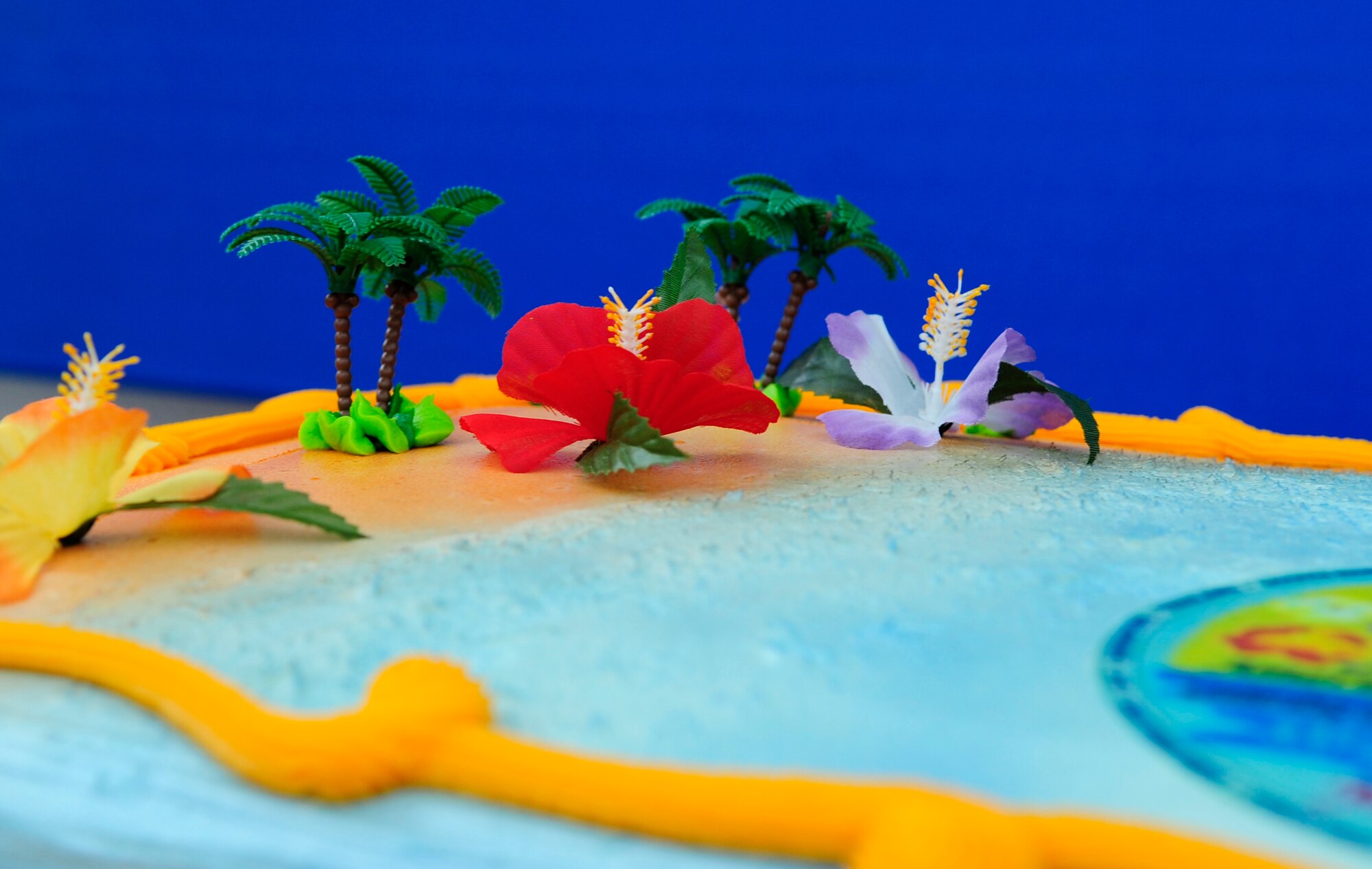 RAF MILDENHALL, England – A cake designed to look like a tropical pacific island waits to be eaten at the opening ceremony for Asian and Pacific Islander Month May 4.  May marks the celebration of Asian and Pacific Islander heritage and what the culture has contributed to the Air Force.  (U.S. Air Force photo/Staff Sgt. Christopher L. Ingersoll)