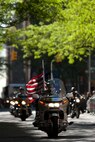 A member of Rolling Thunder, a military veteran motorcycle organization, rides in formation out of New York City, May 5, 2010.  The riders are bringing a flag flown over the World Trade Center construction site to Coloroado Springs, Co., for the 2010 Warrior Games.  The competition for wounded service members will take place May 10-14 at the US Olympic Training Center.