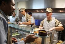 BOSTON - Hometown heroes volunteered and served lunch at the New England Center for Homeless Veterans May 5, 2010. With 900 Marines participating in events throughout the city throughout the week, Marine veteran and president of the NECHV, Laurence D. Fitzmaurice, was happy that this generation of warfighters took the opportunity to volunteer at the center.