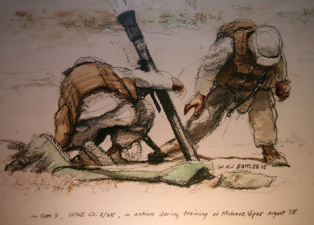 Sgt. Kristopher J. Battles, the combat artist with the National Museum of the Marine Corps, painted Marines from Weapons Company, 2nd Battalion, 25th Marine Regiment, while they were training at Mojave Viper at Marine Corps Air Ground Combat Center Twentynine Palms, Calif., August 2008. Battles featured some of his art, May 5, 2010, at the John F. Kennedy School of Government for Harvard University.