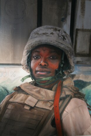 Sgt. Kristopher J. Battles, the combat artist with the National Museum of the Marine Corps, painted a portrait of a Marine captain from Marine Medium Tiltrotor Squadron 263, Marine Corps Air Station New River, N.C. - based, while deployed to Al Asad, Iraq. Battles featured some of his art, May 5, 2010, at the John F. Kennedy School of Government for Harvard University.