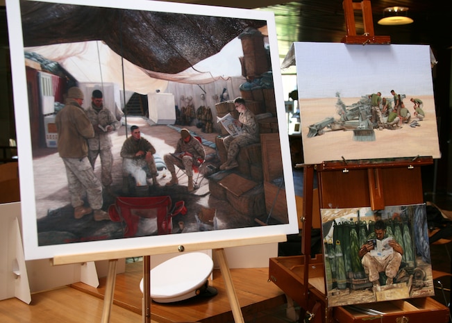 (Left Painting) Sgt. Kristopher J. Battles, the combat artist with the National Museum of the Marine Corps, painted Marines from Company L, 3rd Battalion, 2nd Marine Regiment, Marine Corps Base Camp Lejeune - based, sit around a fire at a forward operating base during Operation Iraqi Freedom in November 2006. Battles featured some of his art, May 5, 2010, at the John F. Kennedy School of Government for Harvard University.