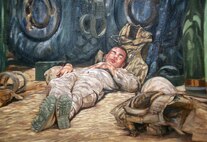 Sgt. Kristopher J. Battles, the combat artist with the National Museum of the Marine Corps, painted a picture of a Marine who took a break after standing duty in Afghanistan. Battles' work reflects the every day life of Marines while they were deployed to Iraq and Afghanistan. Battles showed several paintings, sketches and portraits for residents and tourists to see the artwork of a combat artist at the John F. Kennedy School of Government for Harvard University, May 5, 2010.