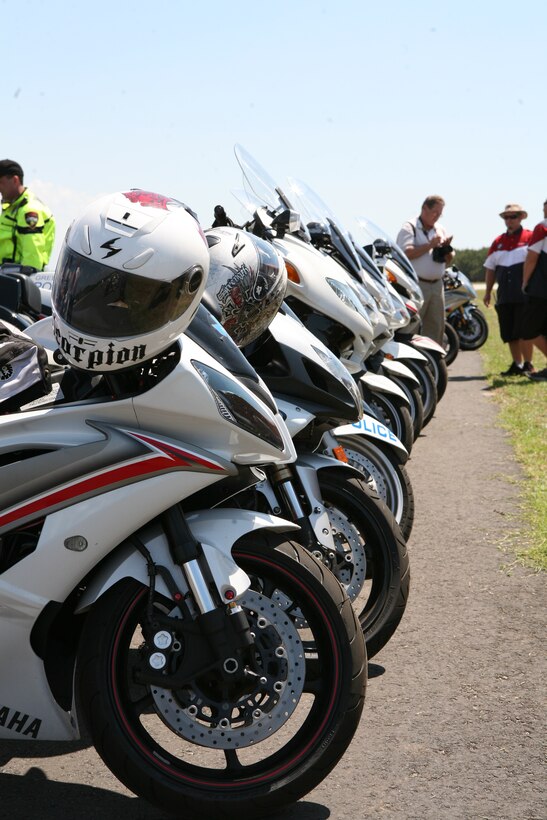 Marines and sailors from Camp Lejeune, N.C., parked their motorcycles after a technical inspection prior to starting the Advanced Rider Track Day, May 6, 2010, at Auxiliary Landing Field Bogue, N.C. The event’s purpose was to train the participants and make them more aware of their bike’s limitations and how to prevent accidents.