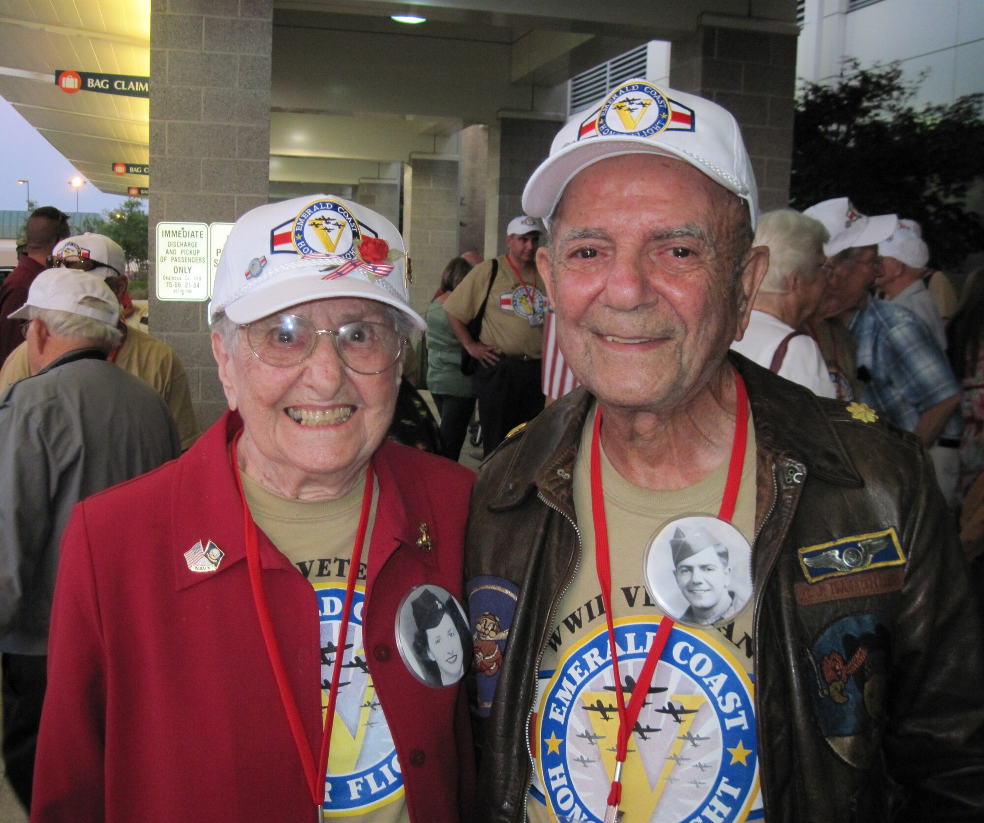 Maj. (ret.) Carl and Helen LaMonica, World War II veterans, pose for a photo at Northwest Florida Regional Airport May 5. One hundred veterans visited Washington D.C. as part of the community's annual Honor Flight. (U.S. AIr Force photo/Maj. Gregory B. Harland)