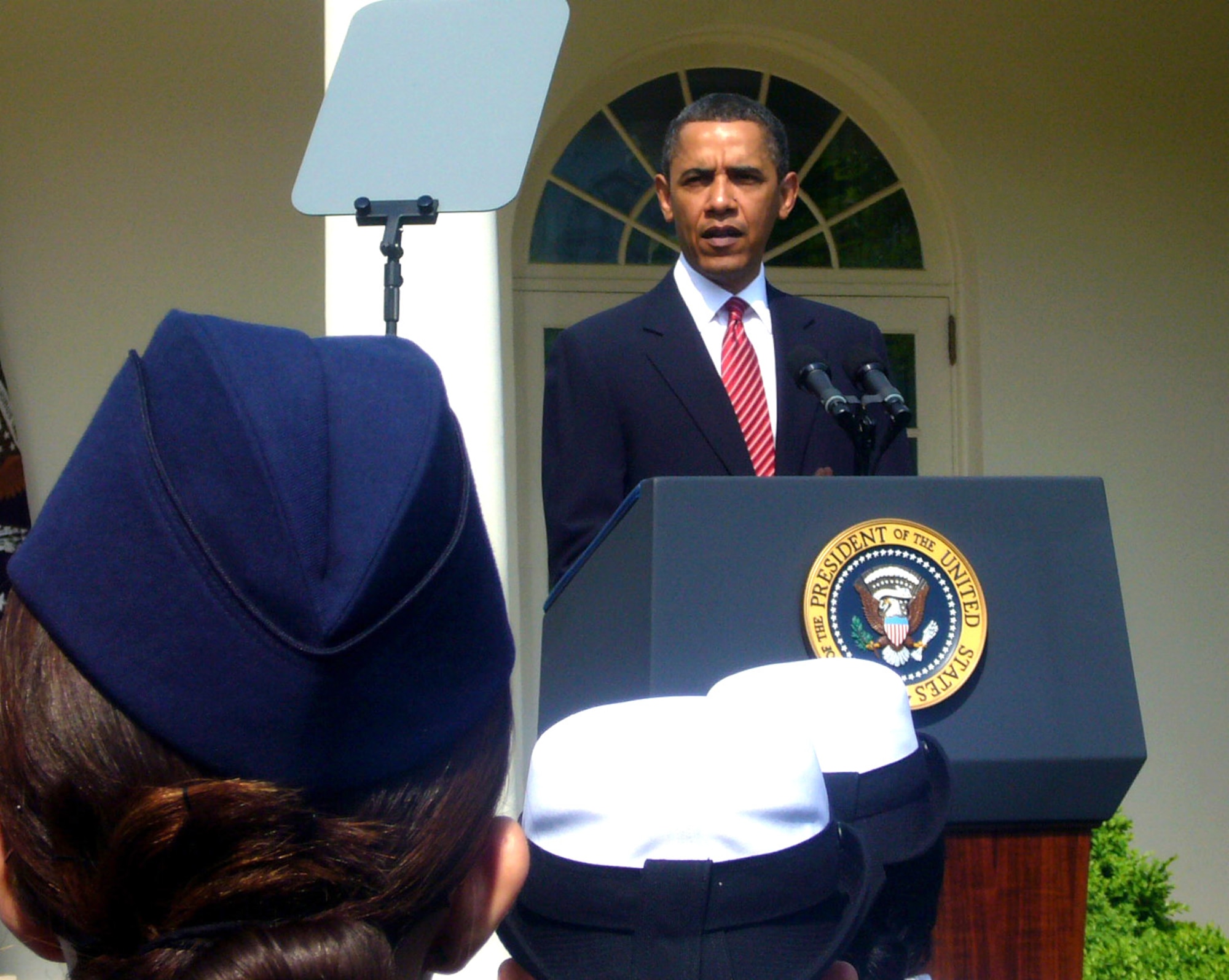 President Barack Obama addresses servicemembers and guests during the Oath of Allegiance ceremony April 23, 2010, at the White House. Two Langley Airmen and 22 other servicemembers took the Oath of Allegiance, thereby becoming American citizens. (Courtesy photo)
