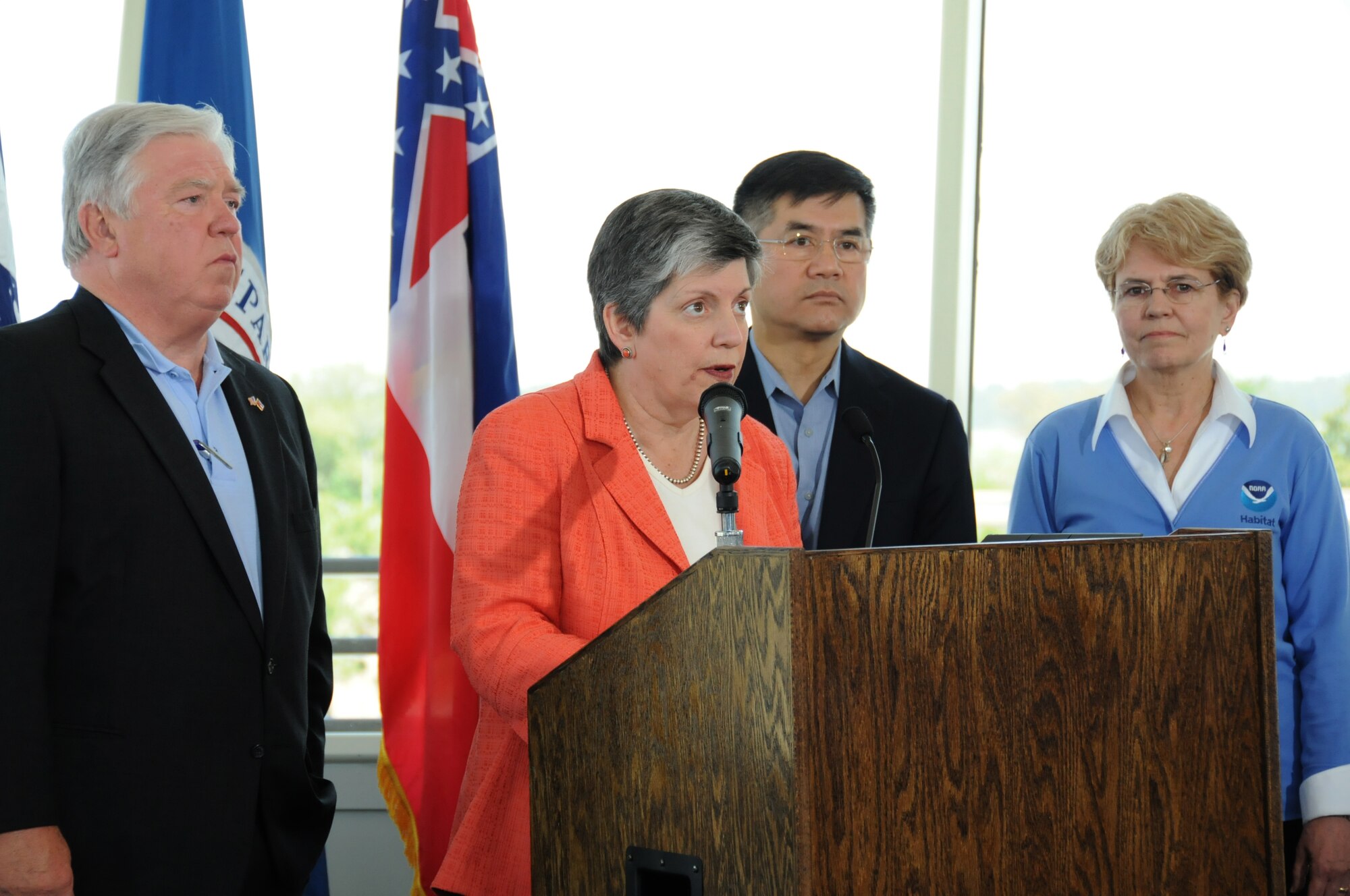 Janet Napolitano, Department of Homeland Security secretary, Gary Locke, Department of Commerce secretary, Jane Lubchenco, NOAA administrator, and Haley Barbour, Mississippi governor held a press conference at Keesler Air Force Base's Weather observatory tower May 6. The press conference was to discuss their continued oversight of BP's efforts to plug the leak and contain the oil spill in the Gulf of Mexico, emphasizing the interagency coordination in place.   (U.S. Air Force photo by Kemberly Groue)


