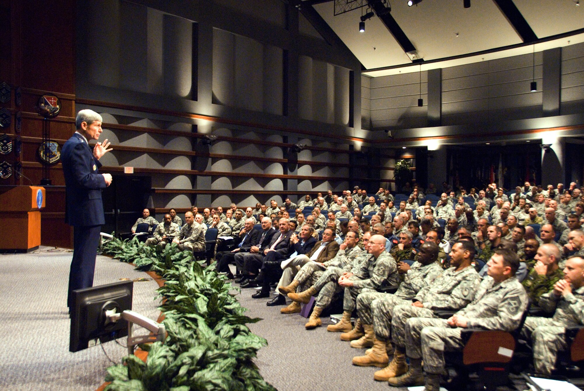 Air Force Chief of Staff Gen. Norton Schwartz addresses attendees at the Senior Enlisted Leaders Summit at Maxwell Air Force Base, Ala., May 4, 2010  The general encouraged the leaders in attendance to 'deliberately develop' their Airmen.  Hosted by Chief Master Sergeant of the Air Force James Roy, the summit brought together approximately 375 Air Force, joint and coalition senior enlisted representatives. (U.S. Air Force photo)