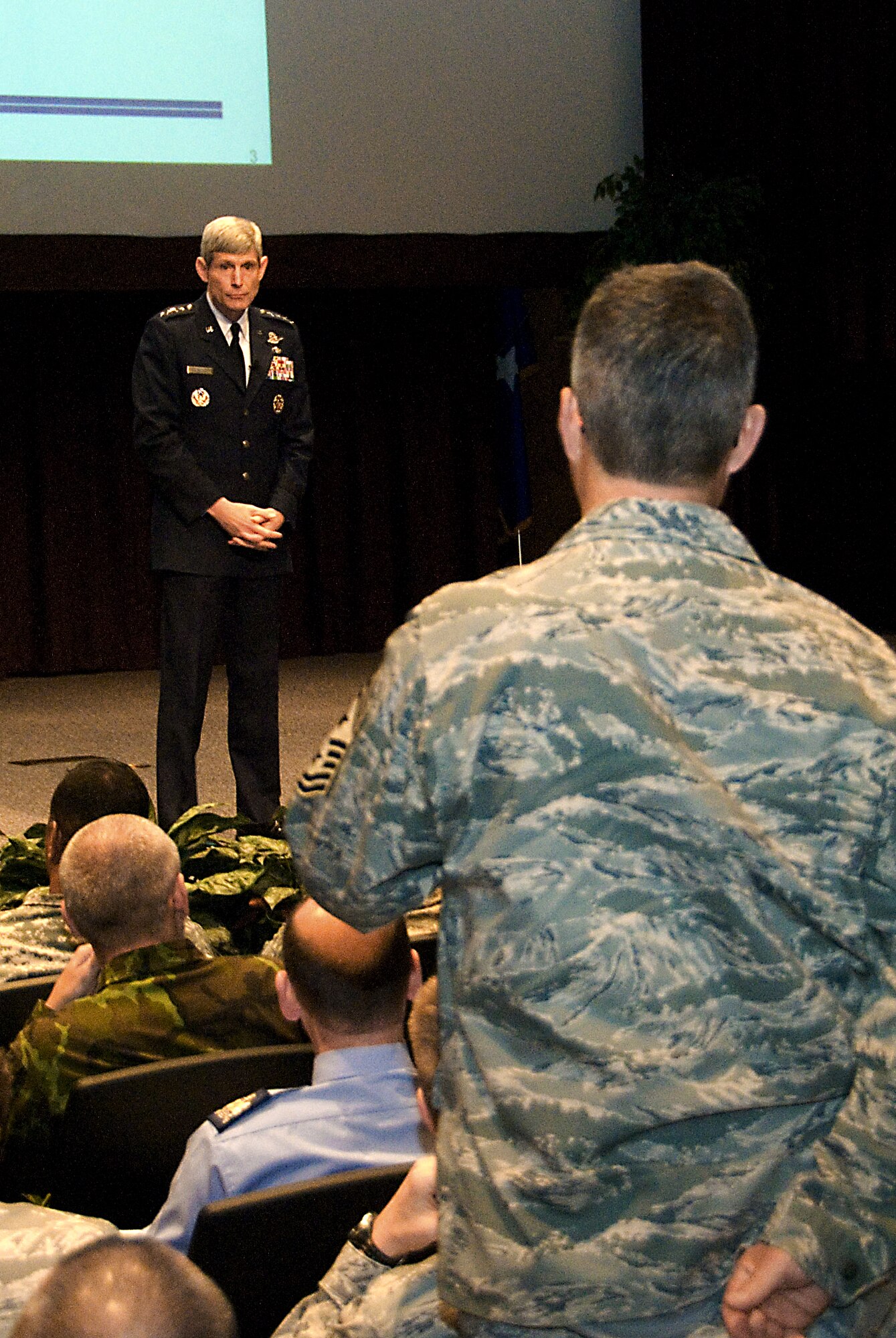 Air Force Chief of Staff Gen. Norton Schwartz fields a question from an attendee at the Senior Enlisted Leaders Summit at Maxwell Air Force Base, Ala., May 4, 2010.  Hosted by Chief Master Sergeant of the Air Force James Roy, the summit brought together approximately 375 Air Force, joint and coalition senior enlisted representatives. (U.S. Air Force photo)