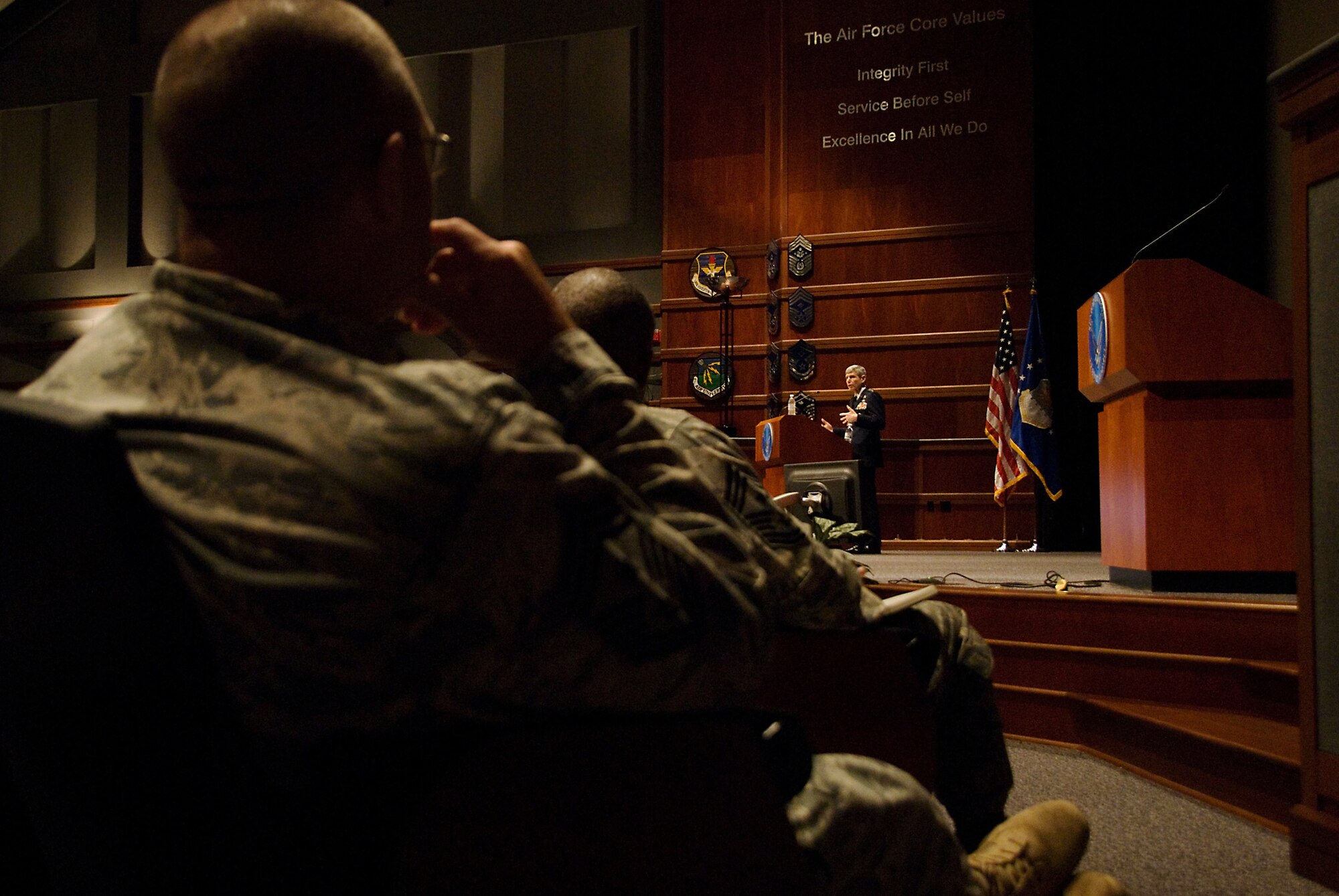 Air Force Chief of Staff Gen. Norton Schwartz addresses attendees at the Senior Enlisted Leaders Summit at Maxwell Air Force Base, Ala., May 4, 2010  The general encouraged the leaders in attendance to 'deliberately develop' their Airmen.  Hosted by Chief Master Sergeant of the Air Force James Roy, the summit brought together approximately 375 Air Force, joint and coalition senior enlisted representatives. (U.S. Air Force photo)