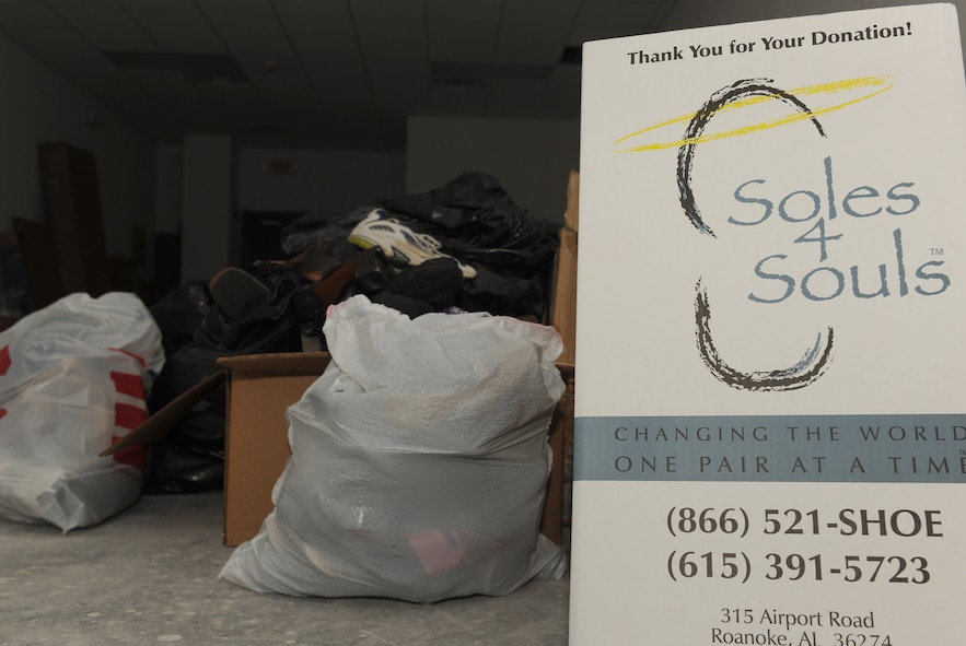 VALDOSTA, Ga. -- Moody Airmen assist a nonprofit organization, Soles4Souls, by donating their extra pairs of shoes here May 5.  The shoes are being collected for children in Haiti. There are several collection sites on base, including the Base Exchange and the 336th Recruiting Squadron. (U.S. Air Force photo by Airman 1st Class Benjamin Wiseman/RELEASED)