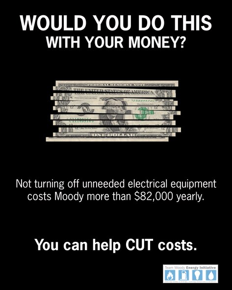 MOODY AIR FORCE BASE, Ga. -- Moody’s goal for fiscal 2010 is to save $600,000 in energy costs. Turning off unneeded electrical equipment saves Moody more than $82,000 yearly. You can help cut costs. (U.S. Air Force illustration by Staff Sgt. Elizabeth Rissmiller/RELEASED)