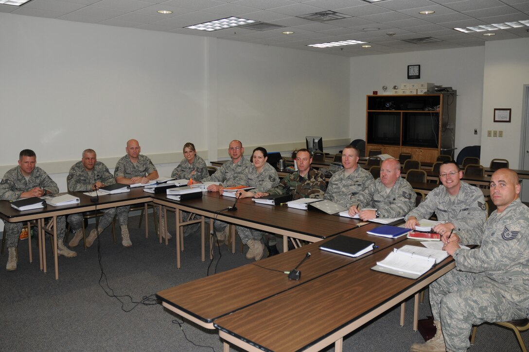 Eleven dedicated Airmen from the 132nd Fighter Wing, Iowa Air National Guard, Des Moines ANGB, are participating in satellite Non-Commissioned Officers Academy.  Non-Commissioned Officer Academy is a professional military education course that is a critical part of building the necessary leadership skills needed as Airmen progress to mid career status NCO's. The satellite NCO academy is an alternative method of receiving this important training. During the home station portion, students live at home, work at their jobs during the day, and attend the academy in the evenings. Upon completion of the home station portion, students will complete their training with a two-week in-residence academy at McGhee-Tyson ANG base Knoxville, TN.

Pictured here (left to right) are Tech. Sgt. Jeremy Betts, Tech. Sgt. James Tudor, Tech. Sgt. Trevor Barber, Tech. Sgt. Angela Edwards, Tech. Sgt. Jake Garrison,  Staff Sgt. Amanda Sergent, Tech. Sgt. Doug Conroy, Tech. Sgt. John Dluhos, Tech. Sgt. Michael Bailey, Tech. Sgt. Jared Eisenhauer, and Tech. Tech.Sgt. George Strong. (U.S. Air Force photo/Senior Master Sgt. Tim Day)(released)  
