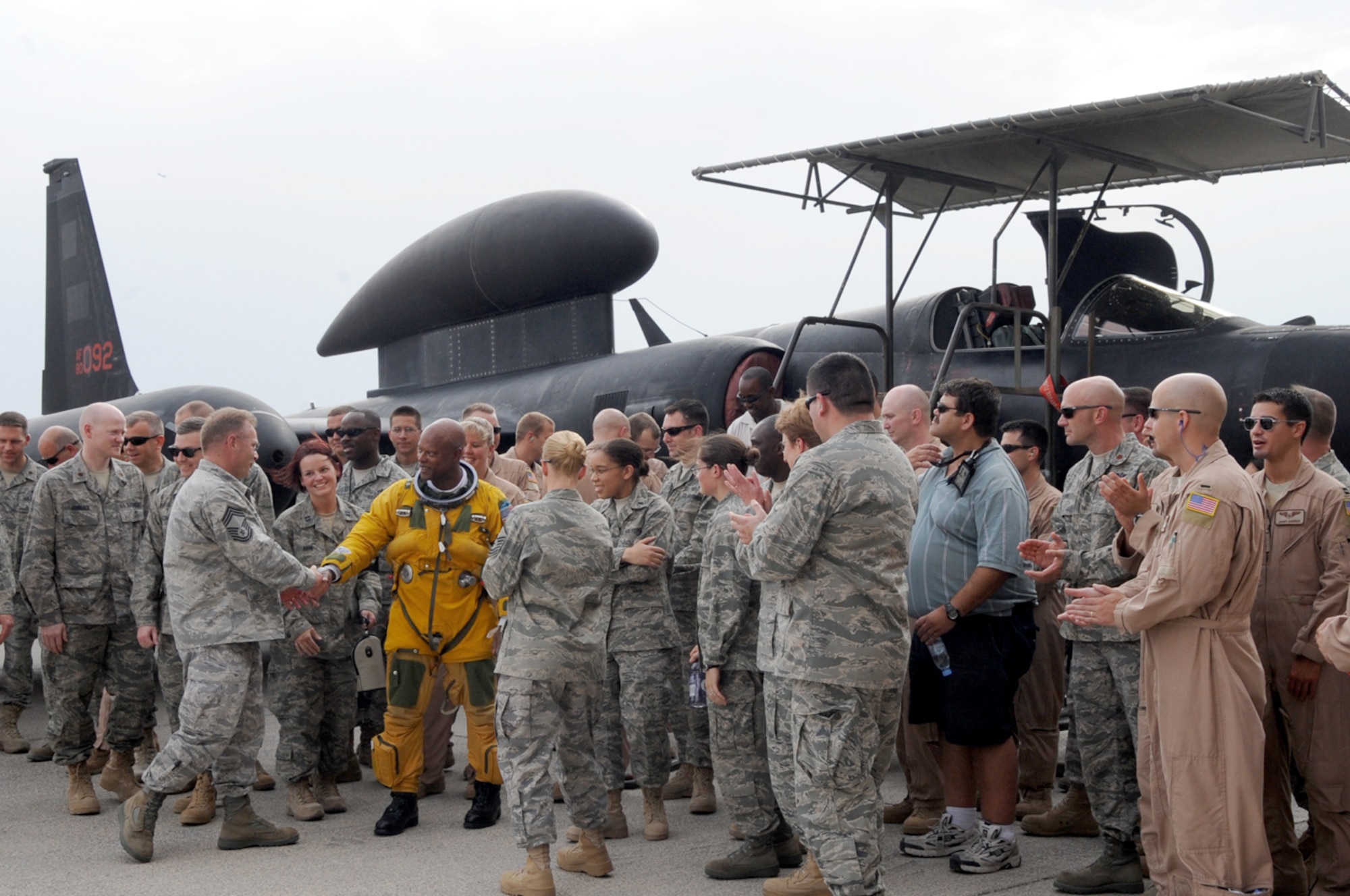 Col. Soren Jones, 380th Operations Group Commander, at an undisclosed base in Southwest Asia, was met by a throng of enthusiastic well wishers as he hung up his space helmet May 5, 2010, after 17 years of flying at the edge of space in an U-2 Dragon Lady aircraft. His next assignment will take him to the Pentagon where he'll serve as the chief of the reconnaissance operations division. (U.S. Air Force photo/Senior Airman Jenifer H. Calhoun)