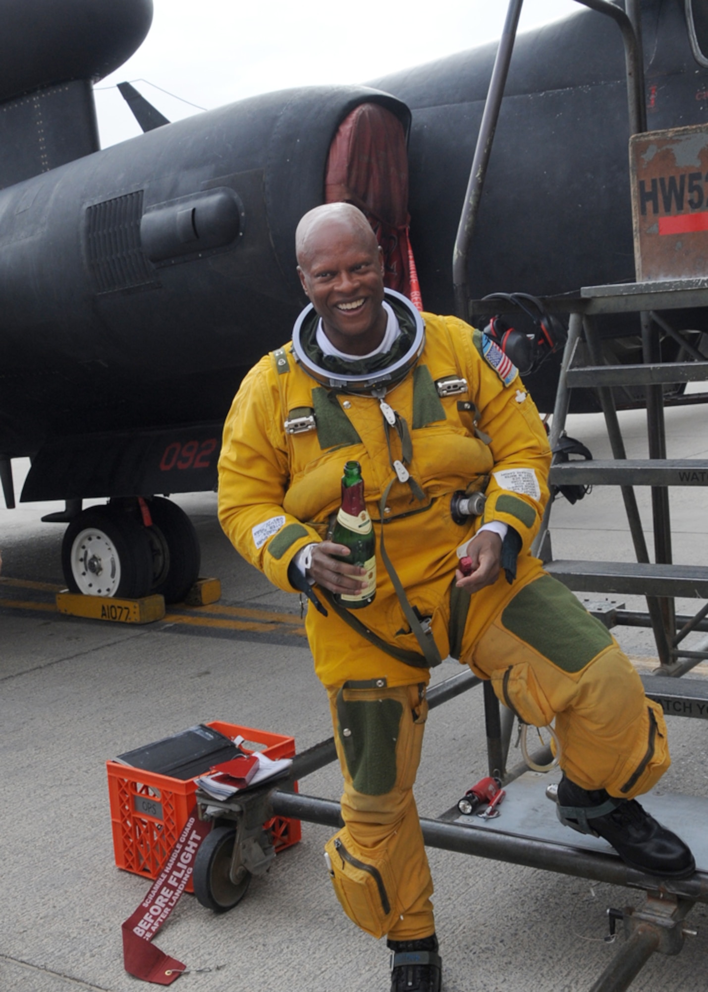 The feat of flying his first solo flight in the U-2 Dragon Lady on May 24, 1993 crystallized for Colonel Soren Jones, 380th Operations Group Commander, at an undisclosed location in Southwest Asia, as he hung up his space helmet May 5, 2010, after 17 years of flying at the edge of space. His final flight was marked by a fini flight or final flight. Upon landing, he was handed a bottle of champagne in honor of his achievments. Colonel Jones will serve as the chief of the reconnaissance operations division at the Pentagon advising senior leaders and helping formulate policies and guidance for Army, Navy and Air Force reconnaissance operations worldwide. (U.S. Air Force Photo/Senior Airman Jenifer H. Calhoun)