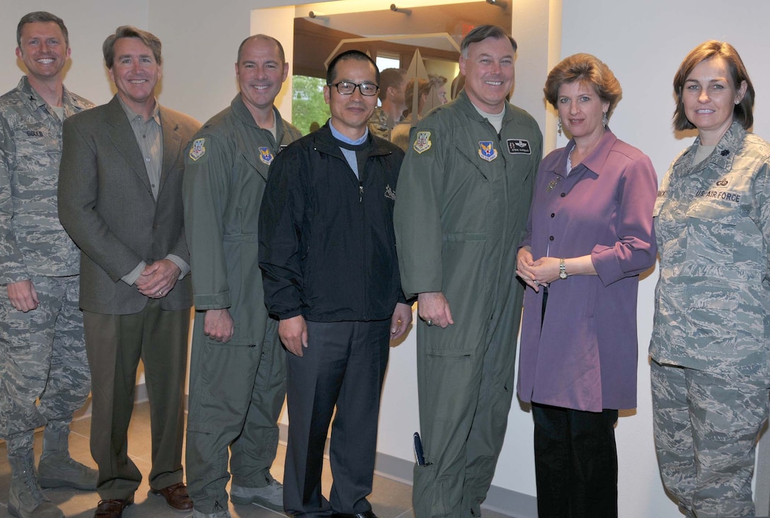 Maj. Gen. Stephen T Sargeant, Air Force Operational Test and Evaluation Center commander, hosted the organization’s honorary commanders April 30 for an afternoon of presentations and updates about AFOTEC and the Air Force. Pictured from left to right is Col. David Gould, AFOTEC Director of Operations; Mr. Dan Ashcraft, AFOTEC Honorary Commander; Col. James Eck, AFOTEC Vice Commander; Dr. Sang H. Kim, author and special guest ; General Sargeant; Ms. Samantha Lapin, AFOTEC Honorary Commander; and Lt. Col. Carolyn Patrick, AFOTEC Director of Personnel.