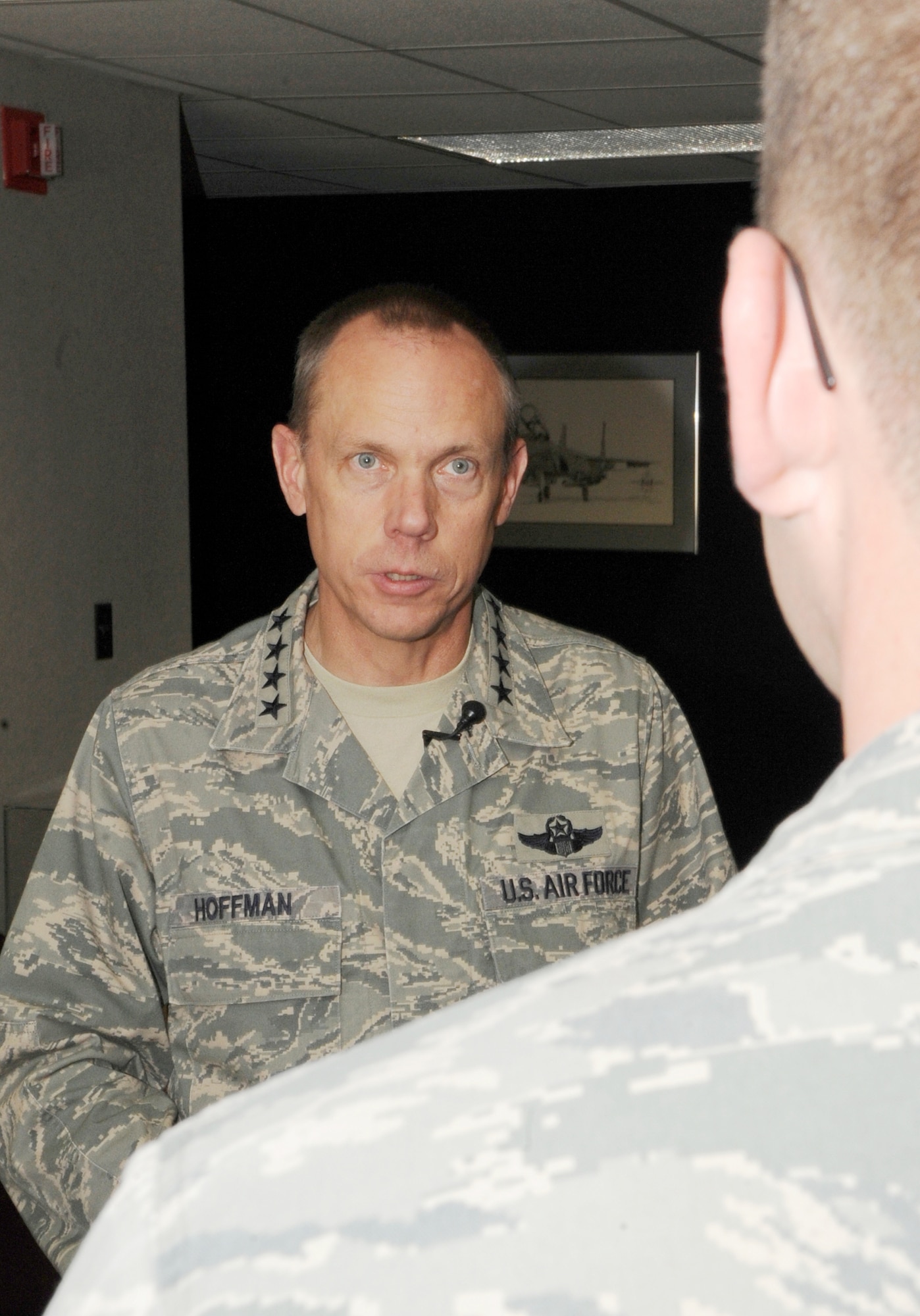 WHITEMAN AIR FORCE BASE, Mo., -- Gen. Donald J. Hoffman, Air Force Materiel Command commander, addresses questions during an interview prior to departing Whiteman AFB, Mo., April 29, 2010. The general's visit was his first to the 19th Munitions Squadron since its activation in October 2009. (U.S. Air Force photo/Airman 1st Class Carlin Leslie)