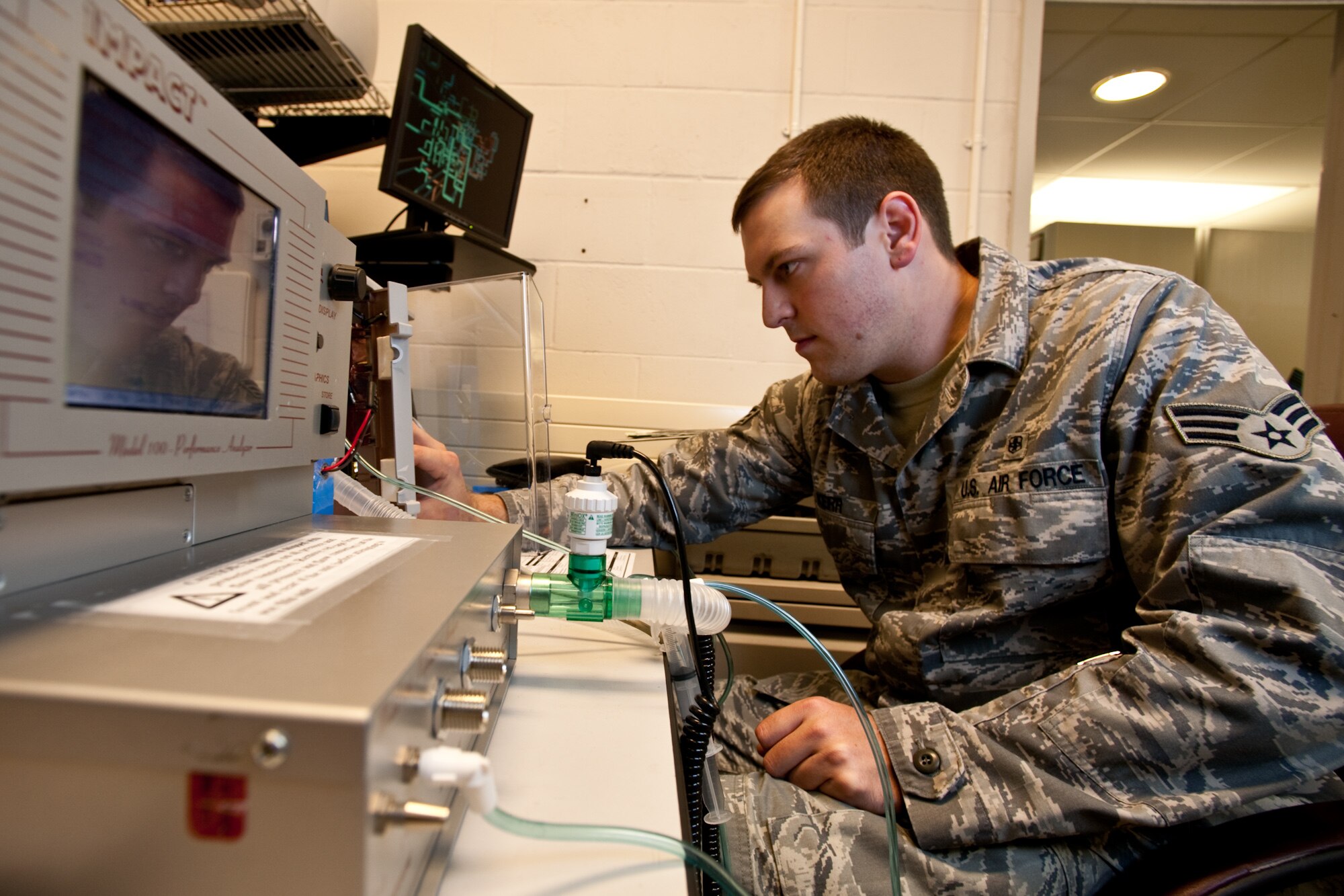 Senior Airman Preston Kerr, a biomedical technician with the 48th Medical Support Squadron, inspects a ventilator, April 3, which helps people breathe. He works in the Medical Equipment Repair Center at RAF Lakenheath along with 17 other Airmen who are responsible for maintaining $24.9 million worth of medical equipment spread across 10 geographically-separated units in the United Kingdom and Norway.  (U.S. Air Force photo by Tech. Sgt. Nathan Gallahan)