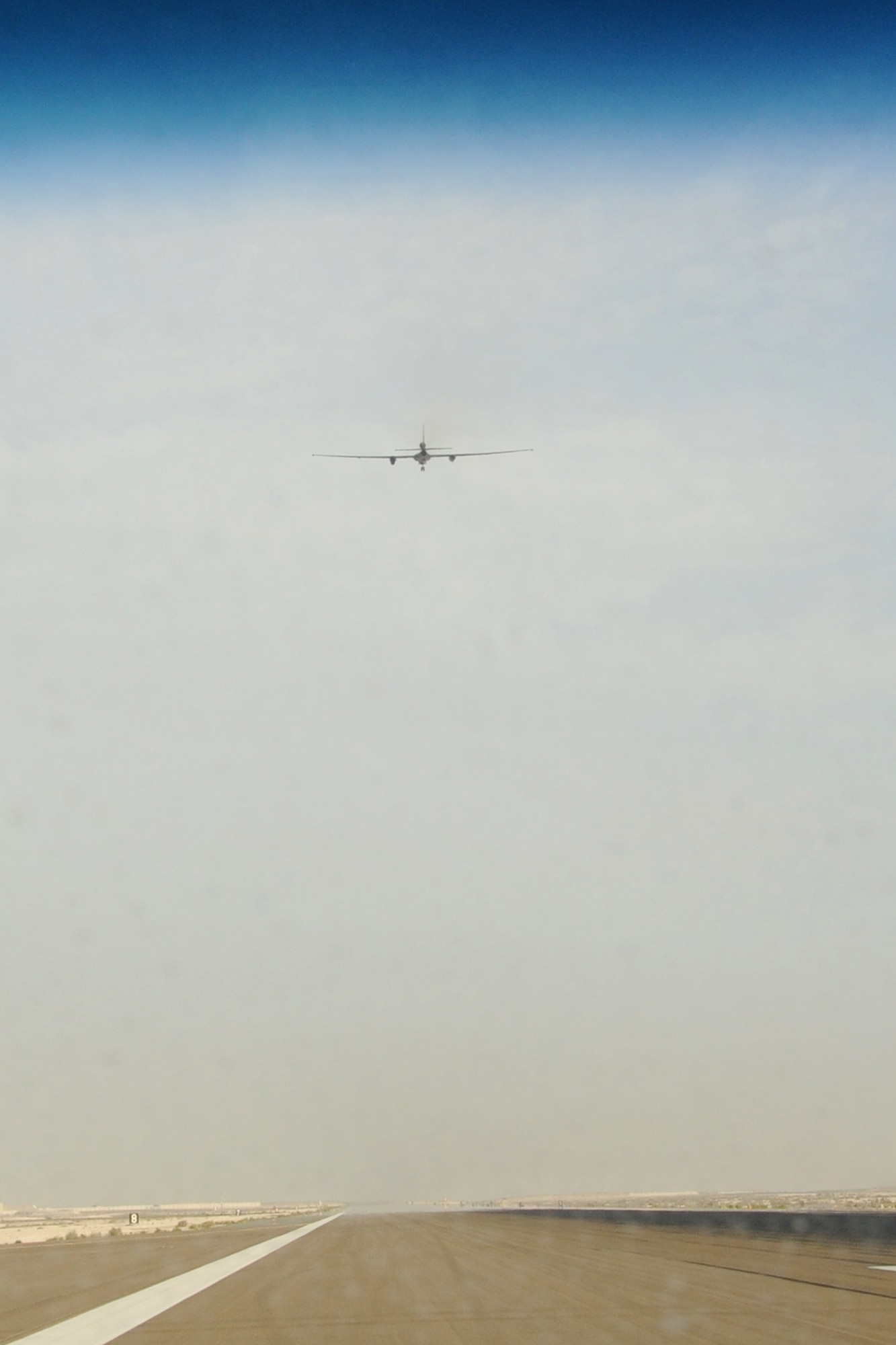 A U-2 Dragon Lady flies over 380th Air Expeditionary Wing at an undisclosed location in Southwest Asia on May 5, 2010. The 380th AEW, supports Operations Iraqi Freedom and Enduring Freedom and the Combined Joint Task Force-Horn of Africa. The 380th AEW is comprised of four groups and 12 squadrons and the wing's deployed mission includes air refueling, surveillance and reconnaissance in support of overseas contingency operations in Southwest Asia. (U.S. Air Force photo/Senior Airman Jenifer H. Calhoun/Released)
