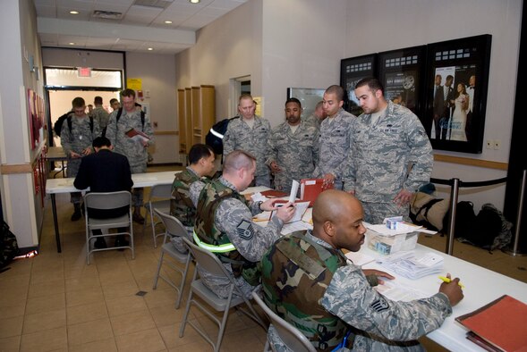 KUNSAN AIR BASE, Republic of Korea--8th Force Support Squadron members fulfill one of their responsibilities of accepting follow-on forces as they processes personnel from the 14th Expeditionary Fighter Squadron during their rotation here in May. (U.S. Air Force photo/Staff Sgt. Jonathan Steffen)