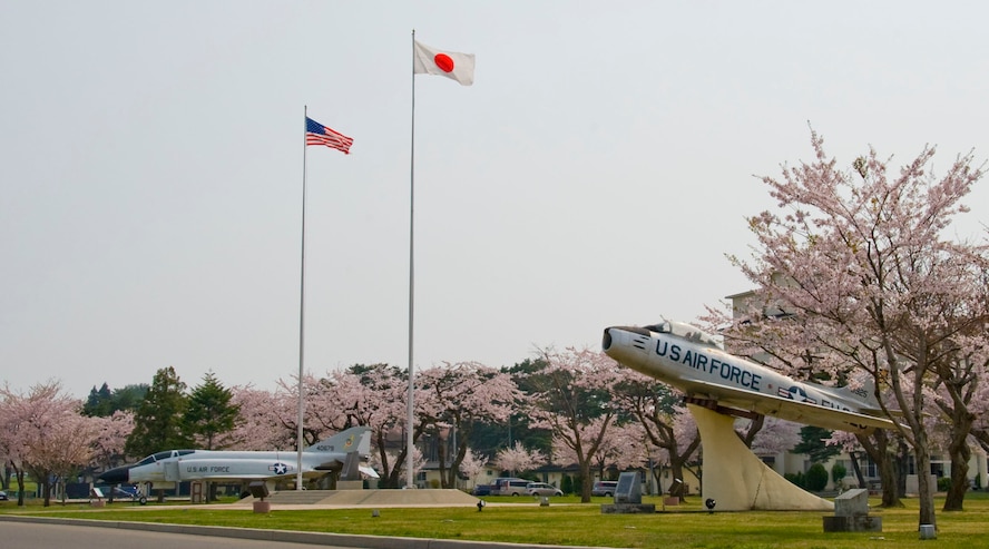 MISAWA AIR BASE, Japan -- Cherry blossom trees bloom around the static displays on Risner Circle, May 5. In Japanese culture cherry blossoms resemble clouds due to their nature of blooming. (U.S. Air Force photo/Staff Sergeant Araceli Alarcon)