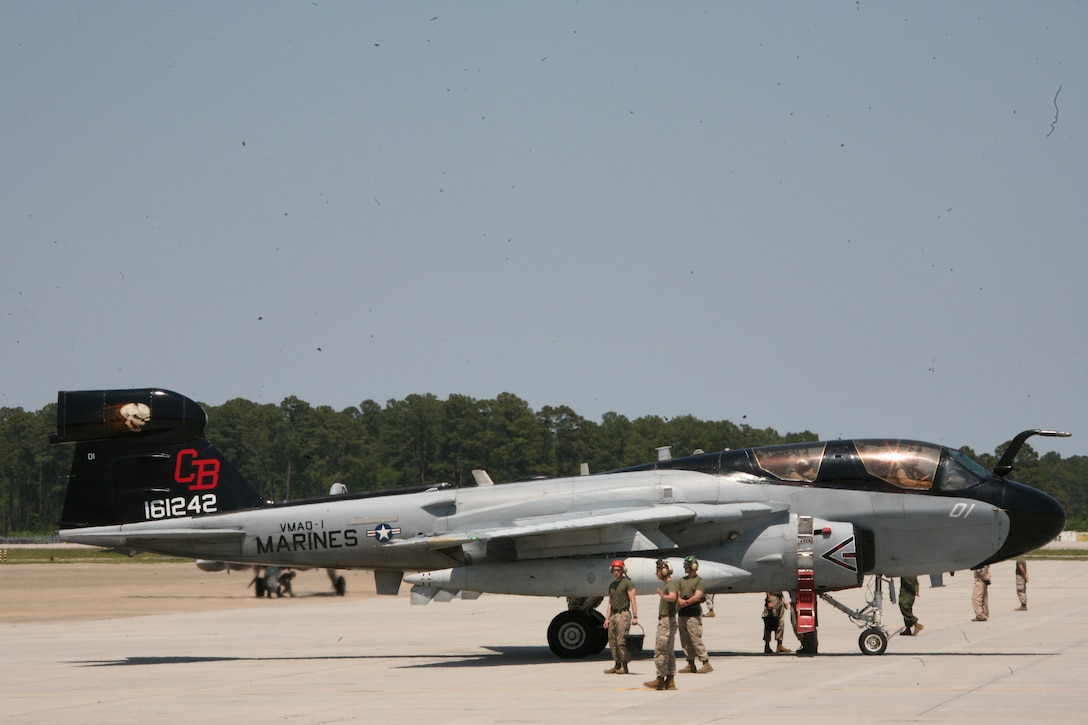 Marine Tactical Electronic Warfare Squadron 1 Marines celebrate a return from Afghanistan May 7 by flying five of their EA-6B Prowlers in a V-formation over family and friends who waited below.