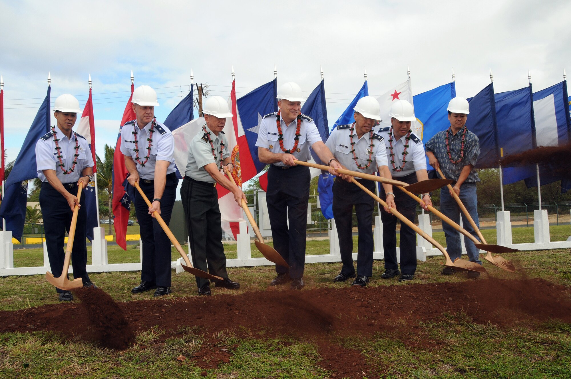 (center) Gen. Gary L North, PACAF commander leads Hickam, Air Force Base, leadership in ground breaking for the F-22 Low Observable Composite Repair Facility on Hickam Air Force Base. The Hawaii Air National Guard is replacing their F-15 Eagles with the F-22 Raptor. The HIANG is scheduled to receive their first F-22 in July. (U.S. Air Force Photo/Master Sgt. Kristen Stanley)