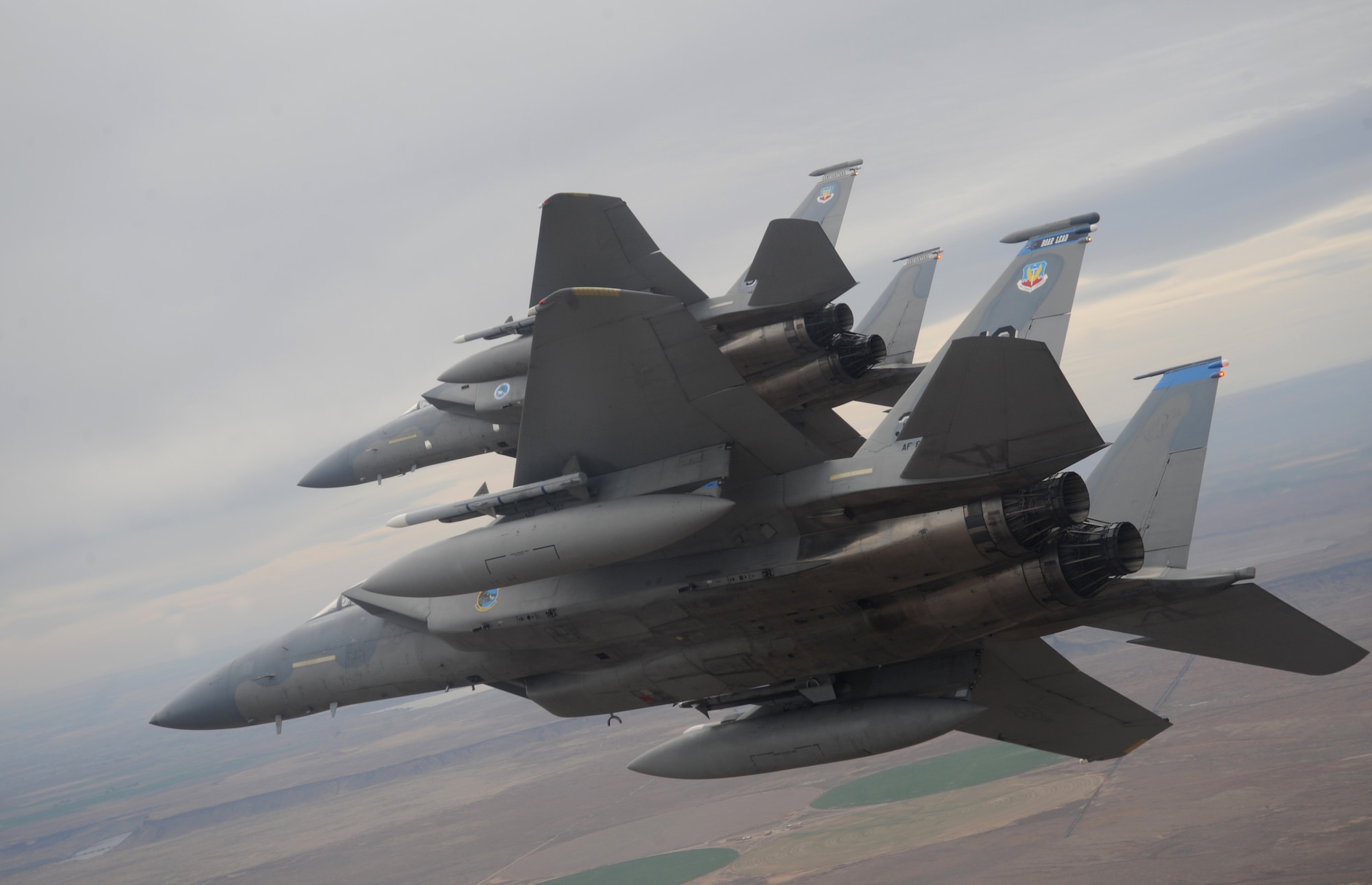 OVER IDAHO - A six-ship formation of F-15C Eagle and F-15E Strike Eagles fly over the Sawtooth Mountains of Idaho Oct. 13. (U.S. Air Force photo by Master Sgt. Kevin J. Gruenwald)