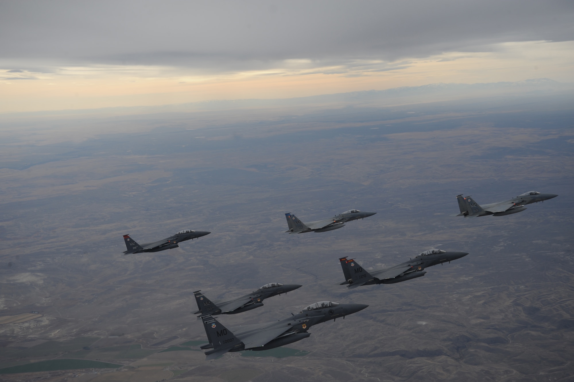 OVER IDAHO - A six-ship formation of F-15C Eagle and F-15E Strike Eagles fly over the Sawtooth Mountains of Idaho Oct. 13. (U.S. Air Force photo by Master Sgt. Kevin J. Gruenwald)