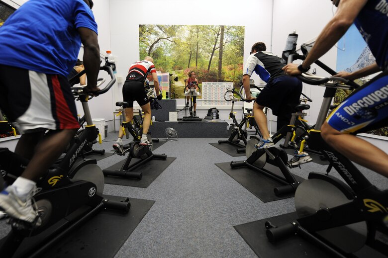 Maj. Vanessa Warren instructs a spin class May 7, 2010, for Air Force team members participating in the inaugural Warrior Games.  The team has been training at the Air Force Academy in Colorado Springs, Colo. Major Warren is an coach at the Academy. The Warrior Games competition begins May 10 and finishes on May 14 and is taking place at the U.S. Olympic Training Center in Colorado Springs.  (U.S. Air Force photo/Staff Sgt. Desiree N. Palacios)