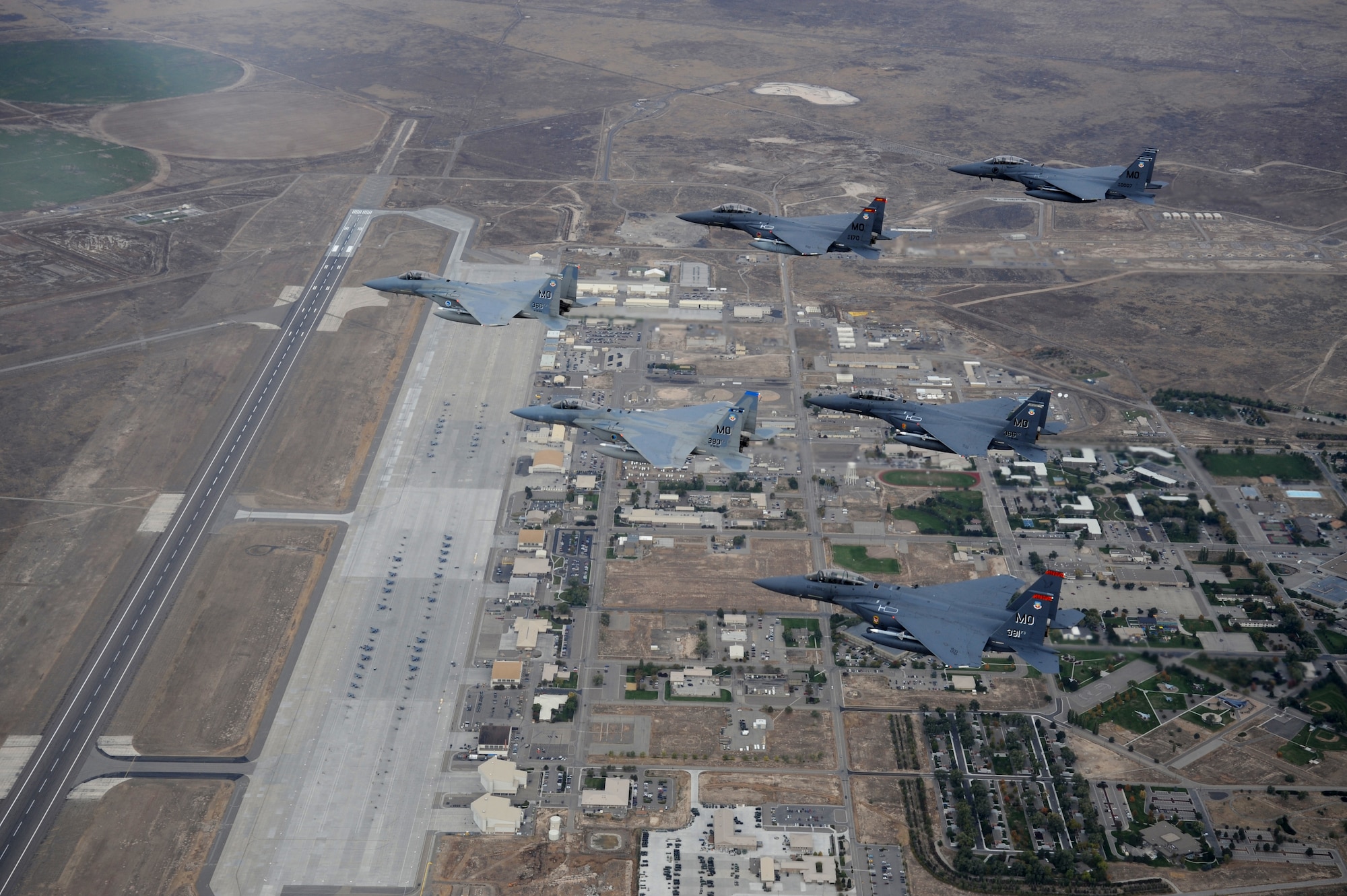 OVER IDAHO - A six-ship formation of F-15C Eagle and F-15E Strike Eagles fly over the Sawtooth Mountains of Idaho Oct. 13. (U.S. Air Force photo by Master Sgt. Kevin J. Gruenwald)