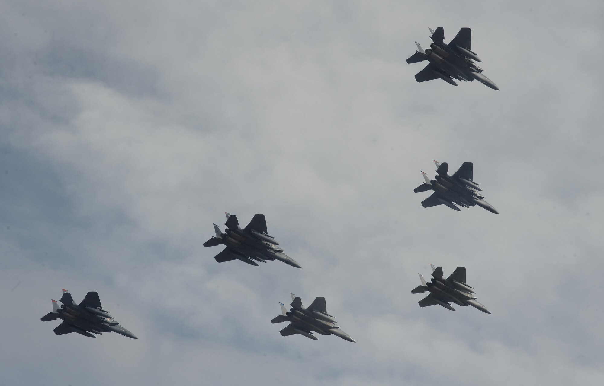 OVER IDAHO - A six-ship formation of F-15C Eagle and F-15E Strike Eagles fly over the Sawtooth Mountains of Idaho Oct. 13. (U.S. Air Force photo by Master Sgt. Kevin J. Gruenwald)