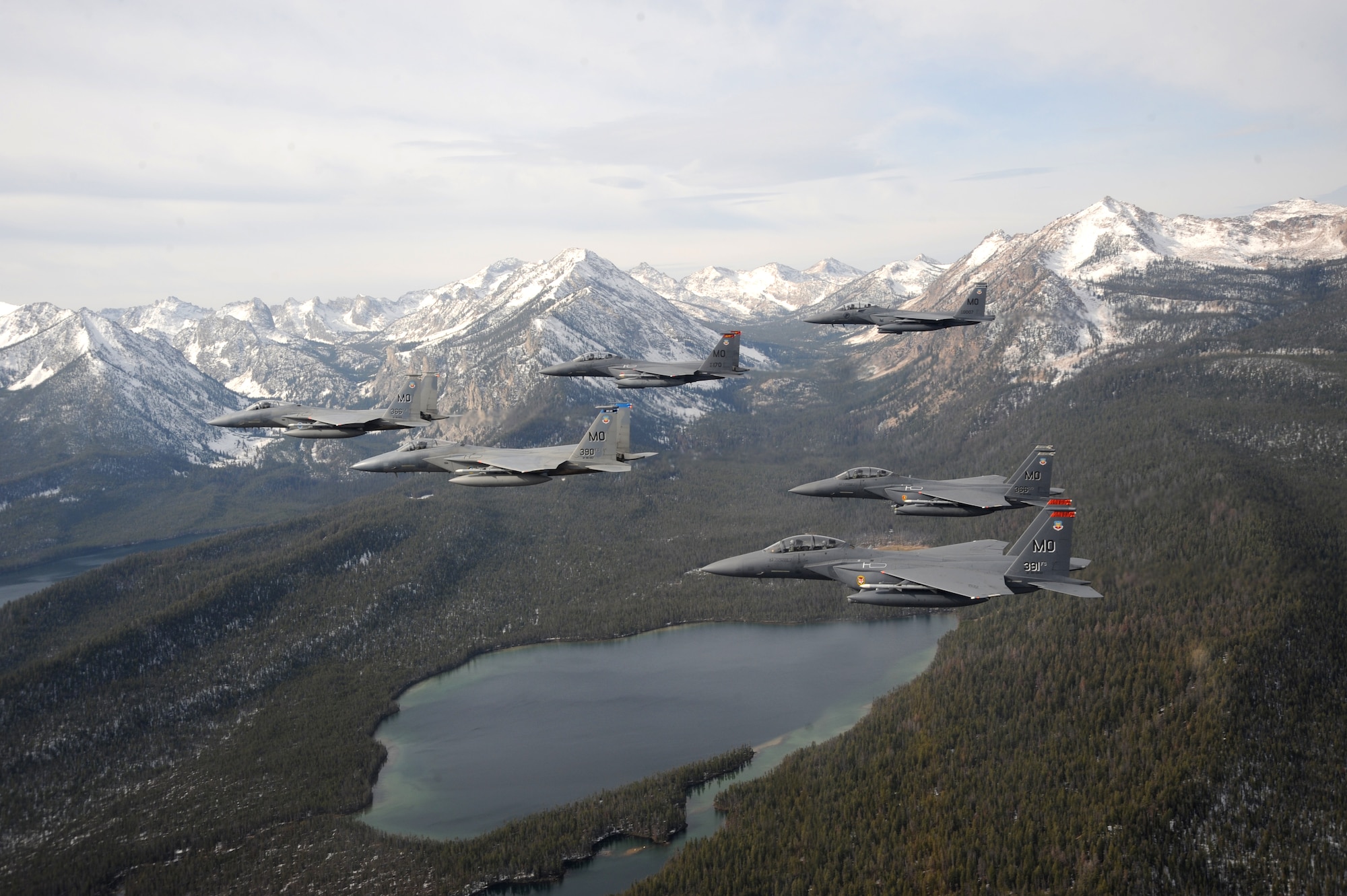 OVER IDAHO - A six-ship formation of F-15C Eagle and F-15E Strike Eagles fly over the Sawtooth Mountains of Idaho Oct. 13. (U.S. Air Force photo by Master Sgt. Kevin J. Gruenwald)