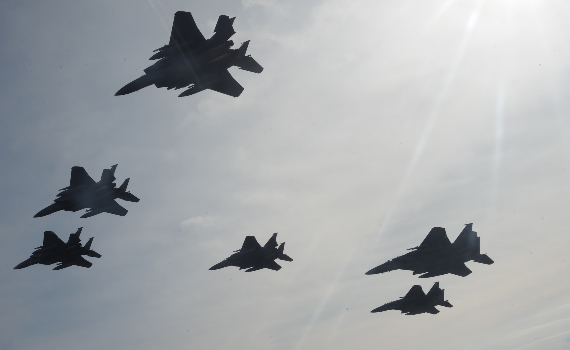 OVER IDAHO - A six-ship formation of F-15C Eagle and F-15E Strike Eagles fly over the Sawtooth Mountains of Idaho Oct. 13. (U.S. Air Force photo by Master Sgt. Kevin J. Gruenwald)