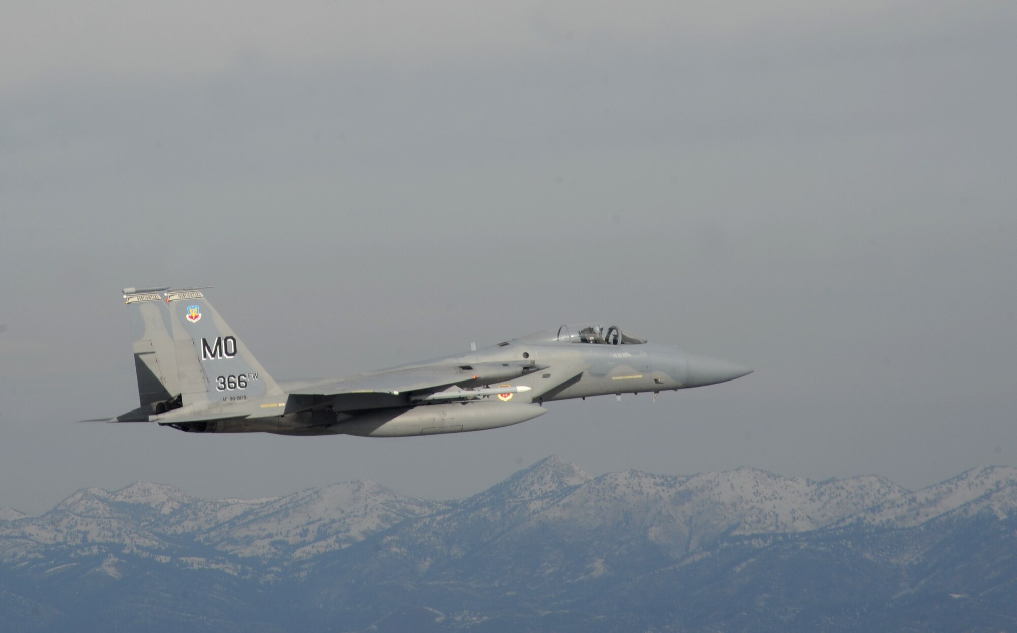 OVER IDAHO - A six-ship formation of F-15C Eagle and F-15E Strike Eagles fly over the Sawtooth Mountains of Idaho Oct. 13. (U.S. Air Force photo by Master Sgt. Kevin J. Gruenwald)
