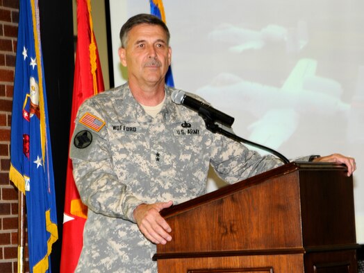 Maj. Gen. William Wofford, Arkansas National Guard adjutant general, answers a question at the Arkansas National Guard Senior Leaders Conference held in Fort Smith, Ark., at Fort Chaffee Maneuver Training Center, the 188th Fighter Wing, and Armed Forces Reserve Center May 6, 2010. (Photo by Capt. Heath Allen/Arkansas National Guard Public Affairs)