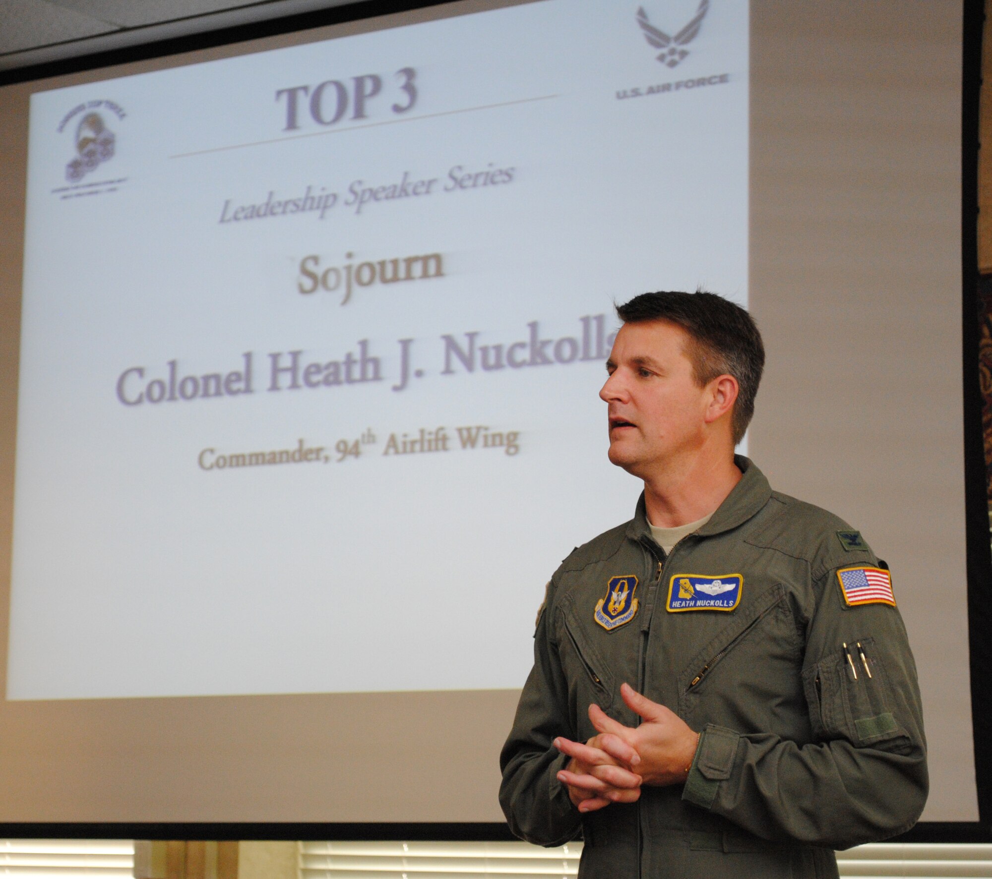 Col. Heath Nuckolls, 94th Airlift Wing commander, was the guest speaker for the Top 3 Leadership Speaker Series during the May drill’s Top 3 meeting.  “I appreciate the good work and the accomplishments that you have made during my command of the 94th,” said Colonel Nuckolls.  “Thank you for all you do.”  (U.S. Air Force photo/Master Sgt. Stan Coleman)