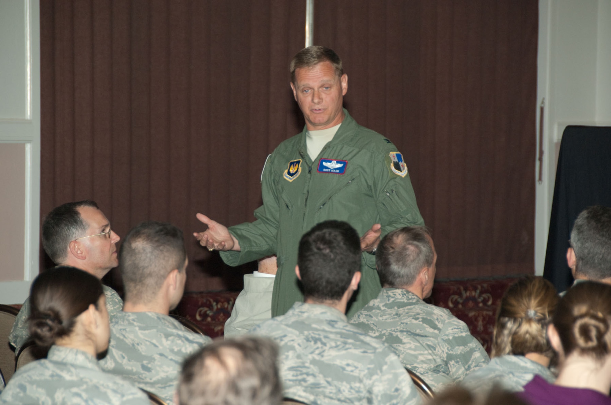 HANSCOM AIR FORCE BASE, Mass. – Desert Storm veteran and former Thunderbird, Col. Russell L. Mack, speaks about “Desert Storm from a Lieutenant’s Perspective” as part of the Heritage of Freedom event at the Minuteman Club on April 28. The Heritage of Freedom speaker series is held quarterly and features three speakers, each of whom discuss their experiences serving in combat or while deployed. Their hard-hitting 15 to 20 minute presentations are followed by short question and answer periods. (U.S. Air Force photo by Rick Berry)
