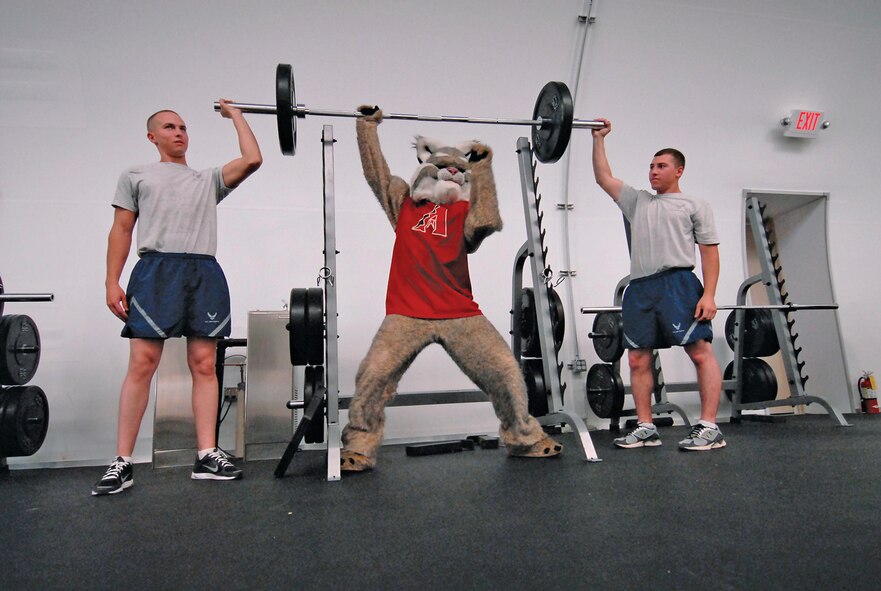 Baxter the Bobcat, Arizona Diamondbacks mascot, pumps iron with the help of Airman 1st Class Patrick Murphy and Andrew Joudi, 56th Civil Engineer Squadron heavy equipment and pavement apprentices.  (U.S. Air Force photo by Airman 1st Class Ronifel Yasay)